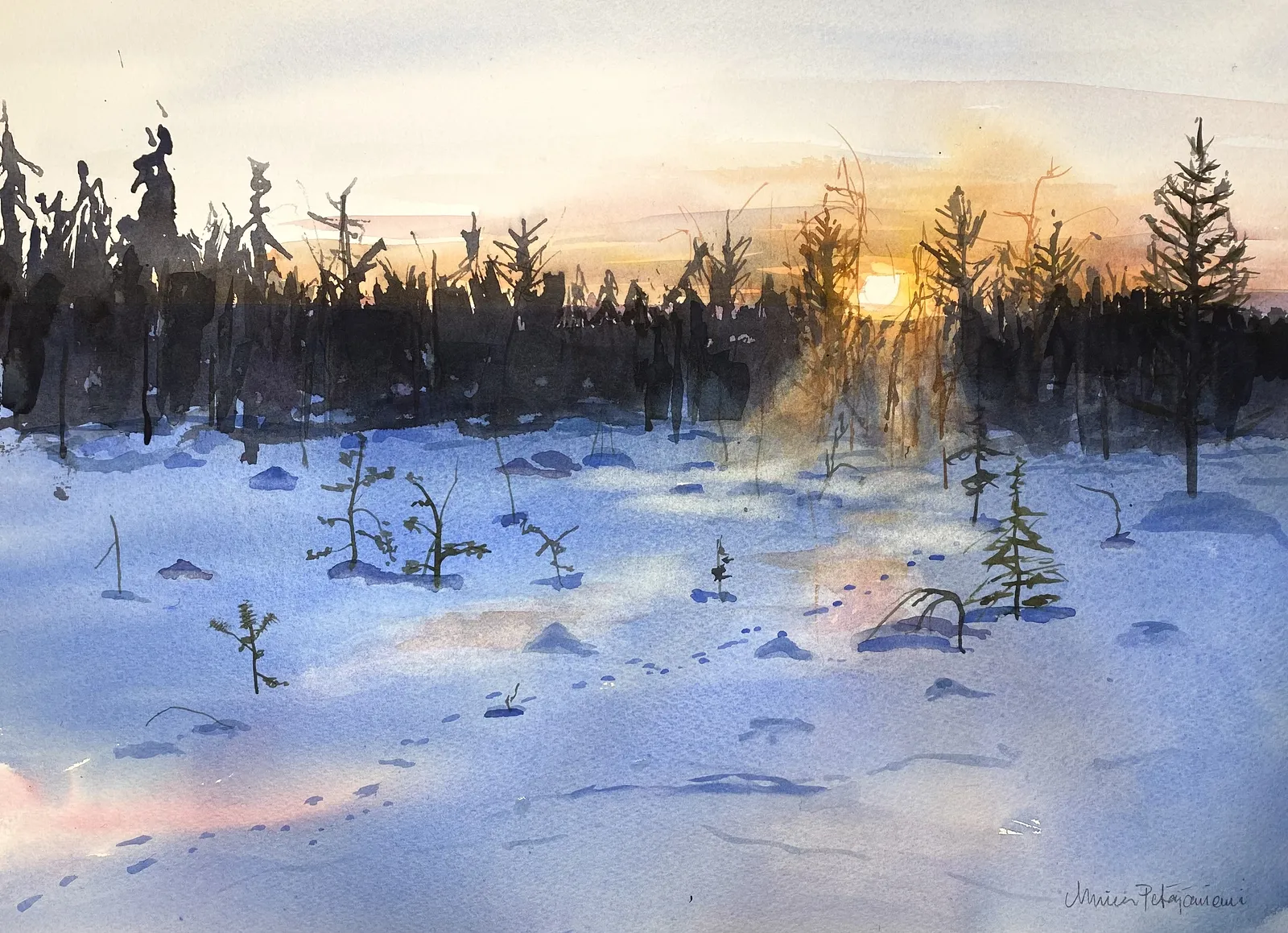 Akvarell Låg sol av Minna Petäjäniemi