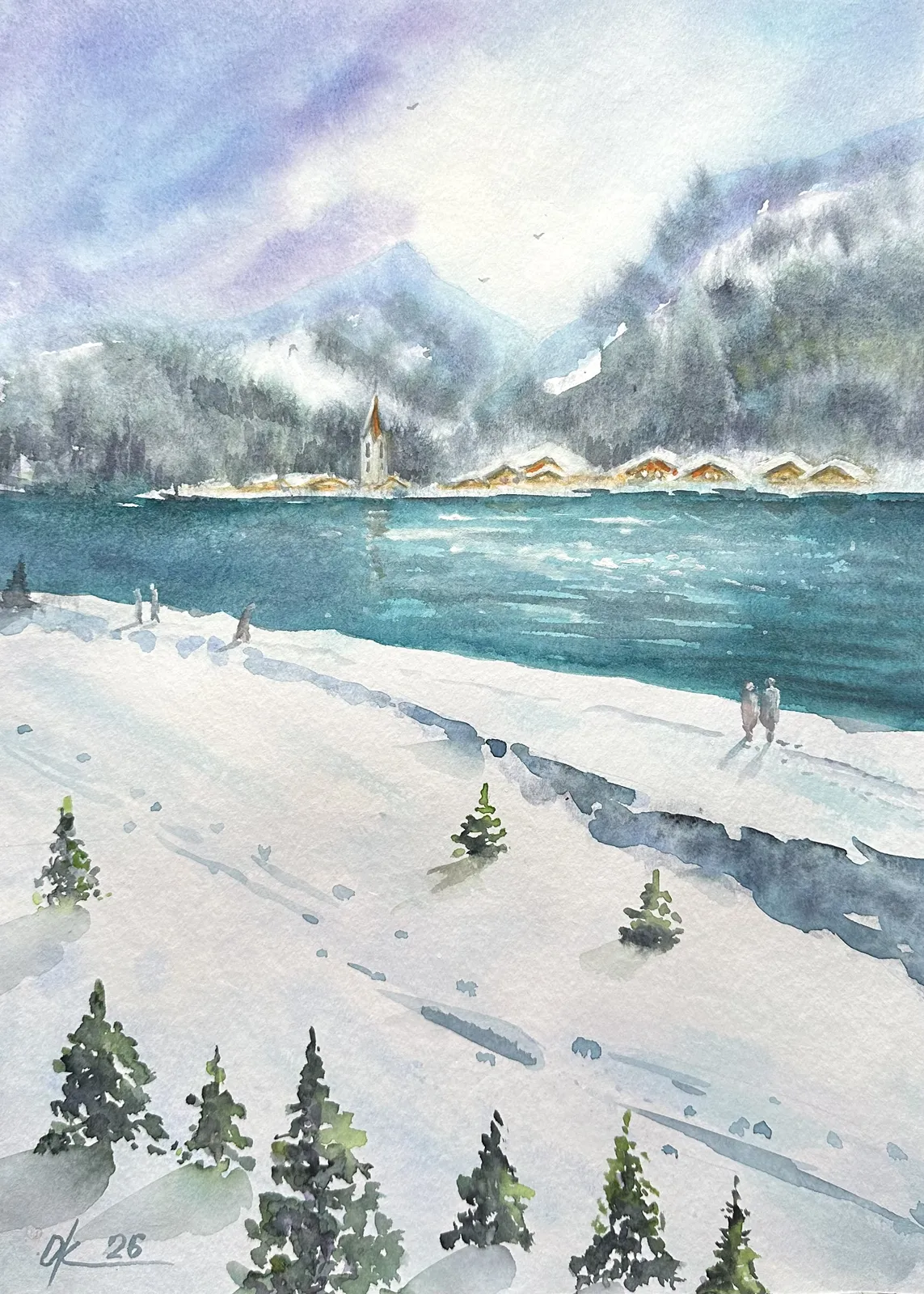 Akvarell En promenad längs en sjö i Alperna av Olga Kharyakova