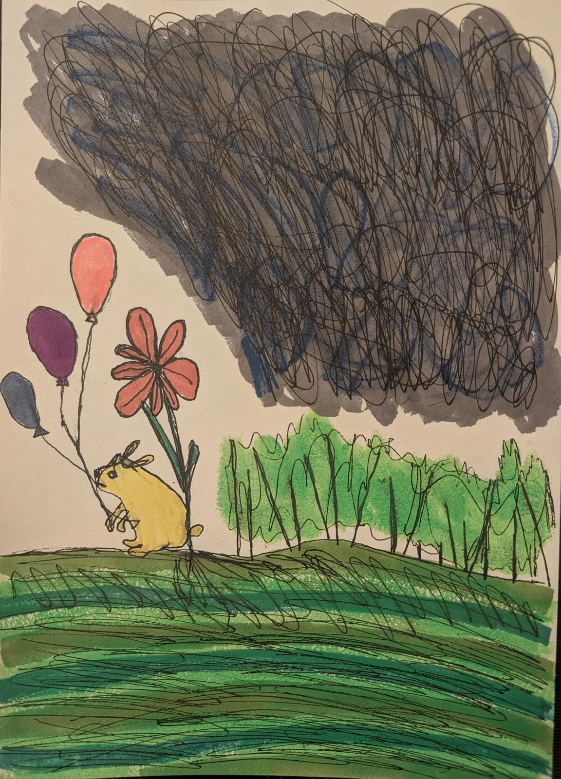 Kanin på väg till kalas i storm. av Mikael Jonsson