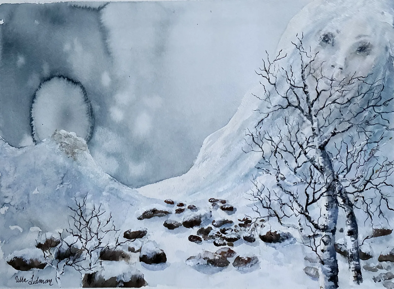 Akvarell Vinterns väktare av Ulla Lidman