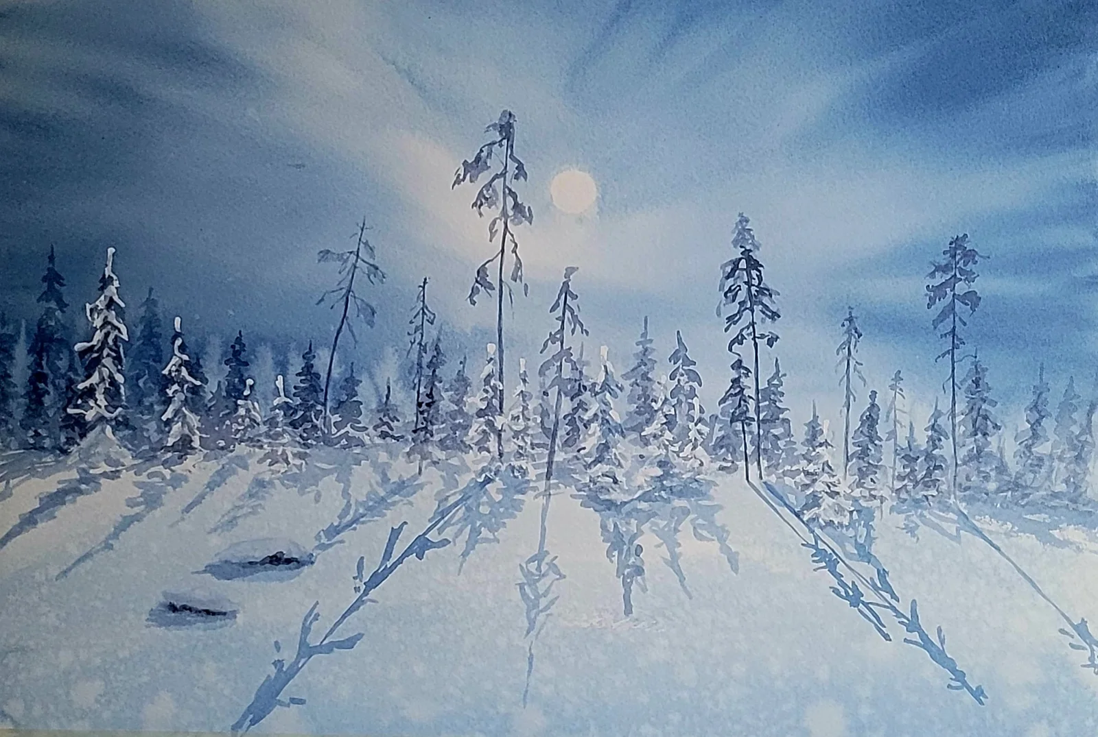 Akvarell Fullmåne och kallt av Lena Bovin Adolfsson