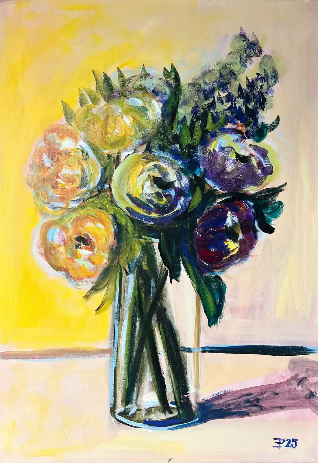 Akrylmålning Yellow Light on flower av Elisa Pålsson