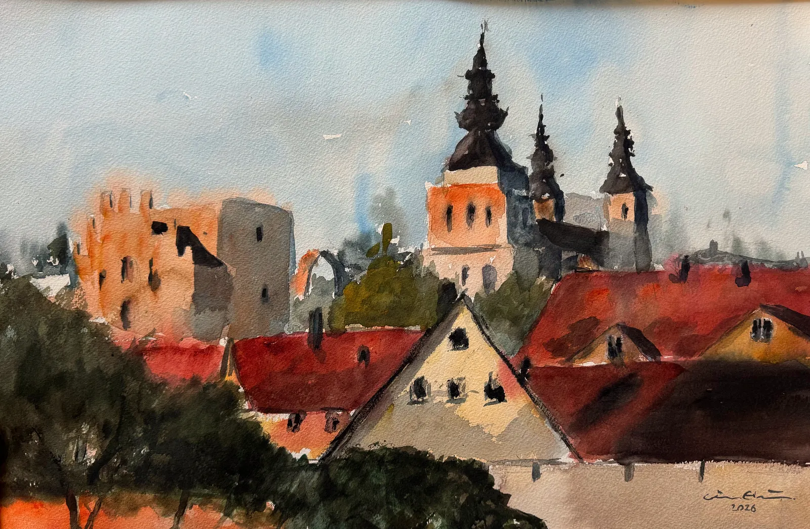 Akvarell Visby i kvällsol av Göran Ekström