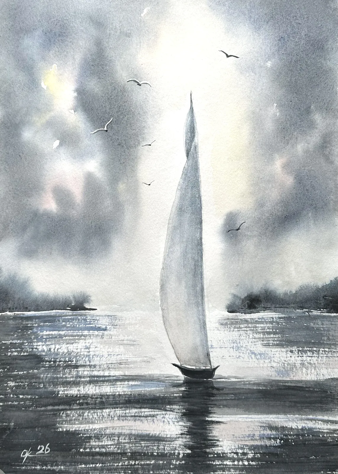 Akvarell Yacht till havs. av Olga Kharyakova