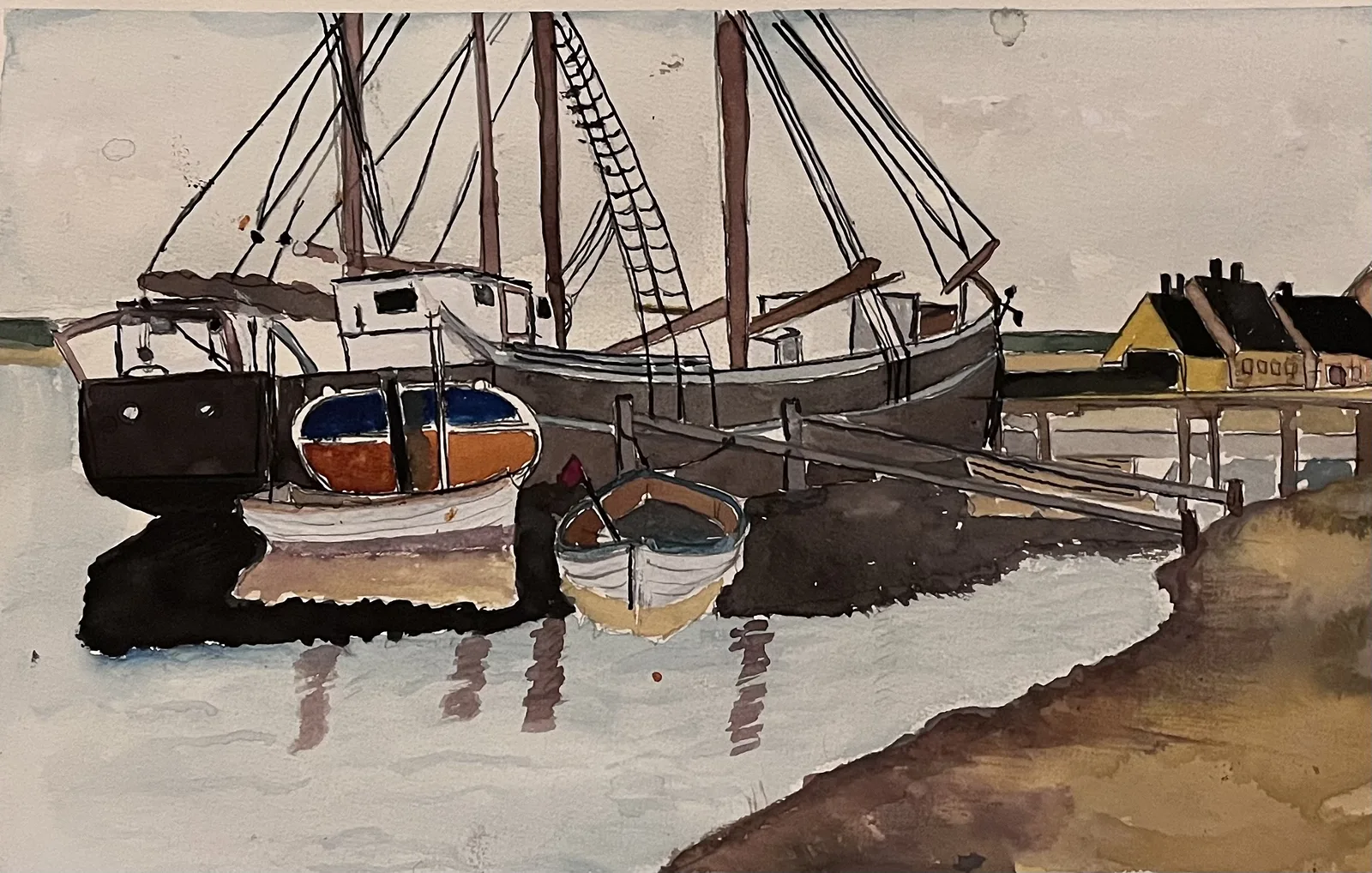 Akvarell Hamnen av Bengt Uusitalo