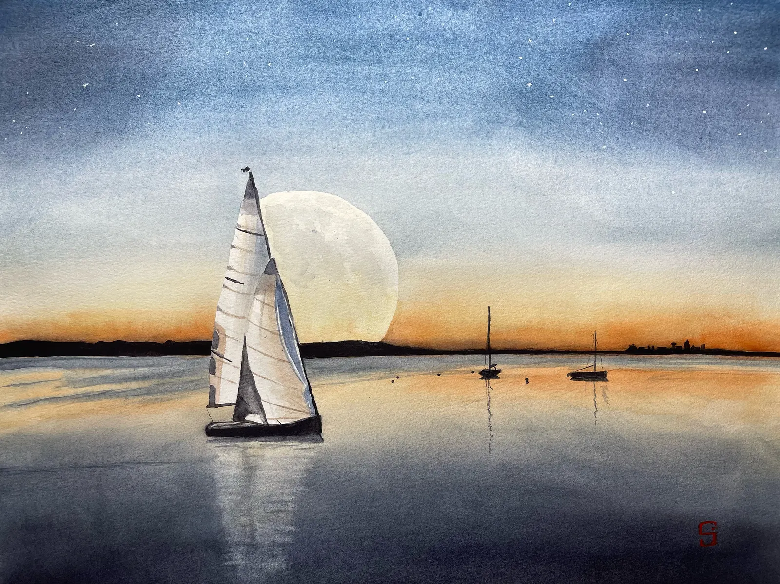 Akvarell Moonlight av Liliane Jonson