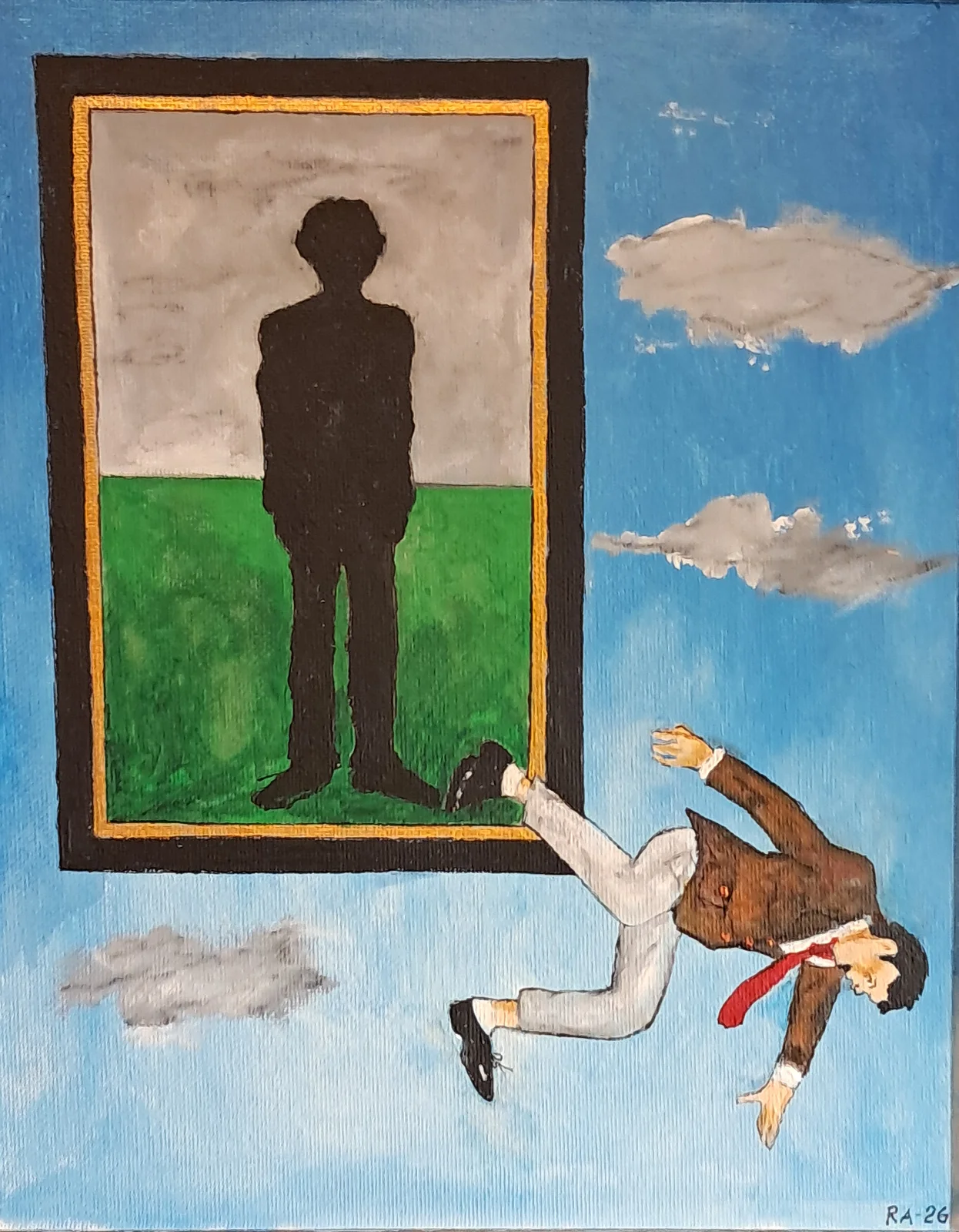 Akrylmålning Mannen som föll ur ramen. av Roland Adolfsson