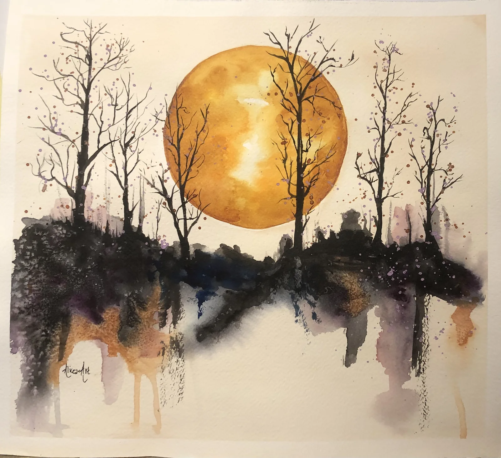 Akvarell Orangemoon av Hélena Melind