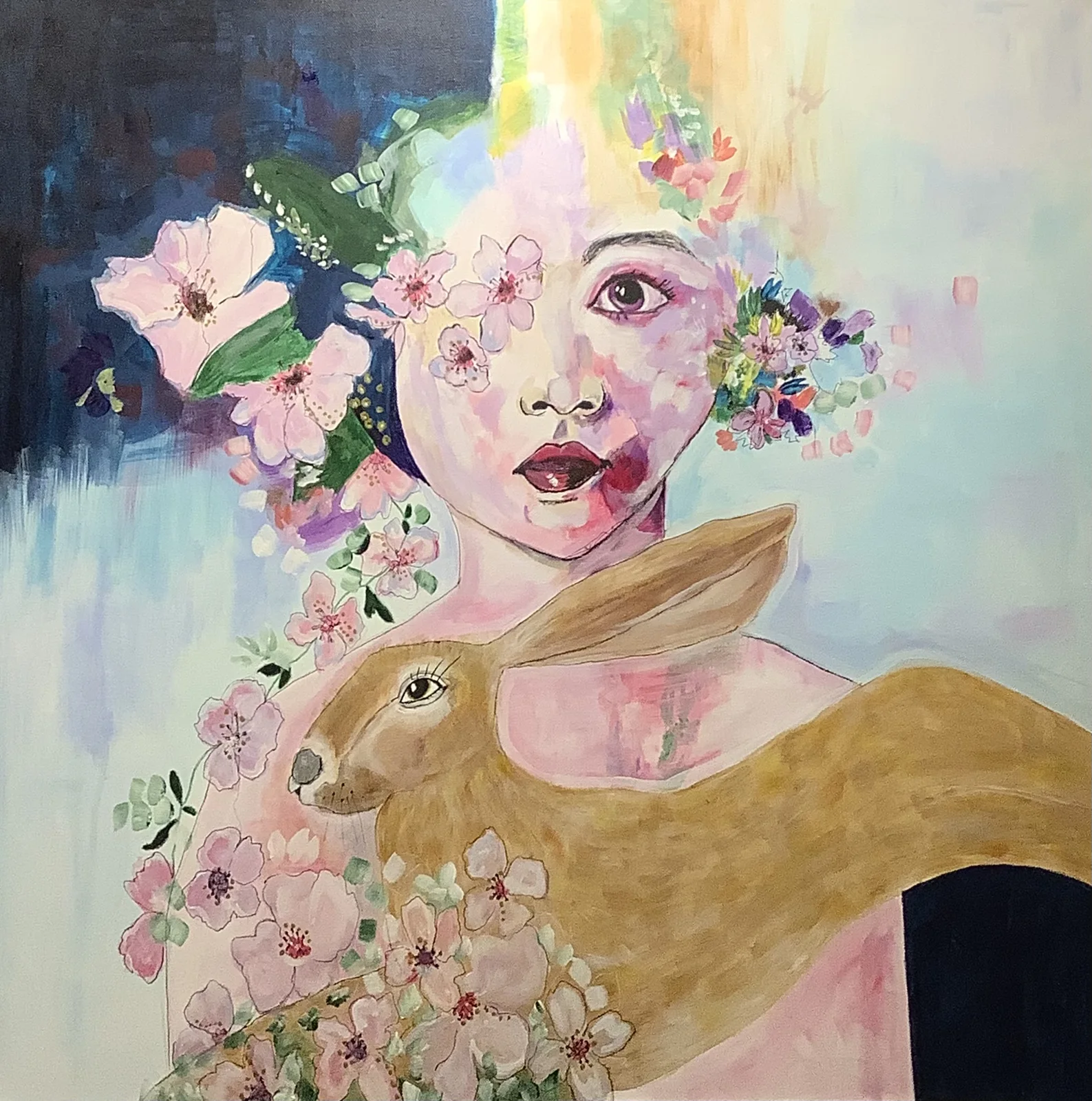 Akrylmålning Flickan och haren av Lisbeth Olofsdotter