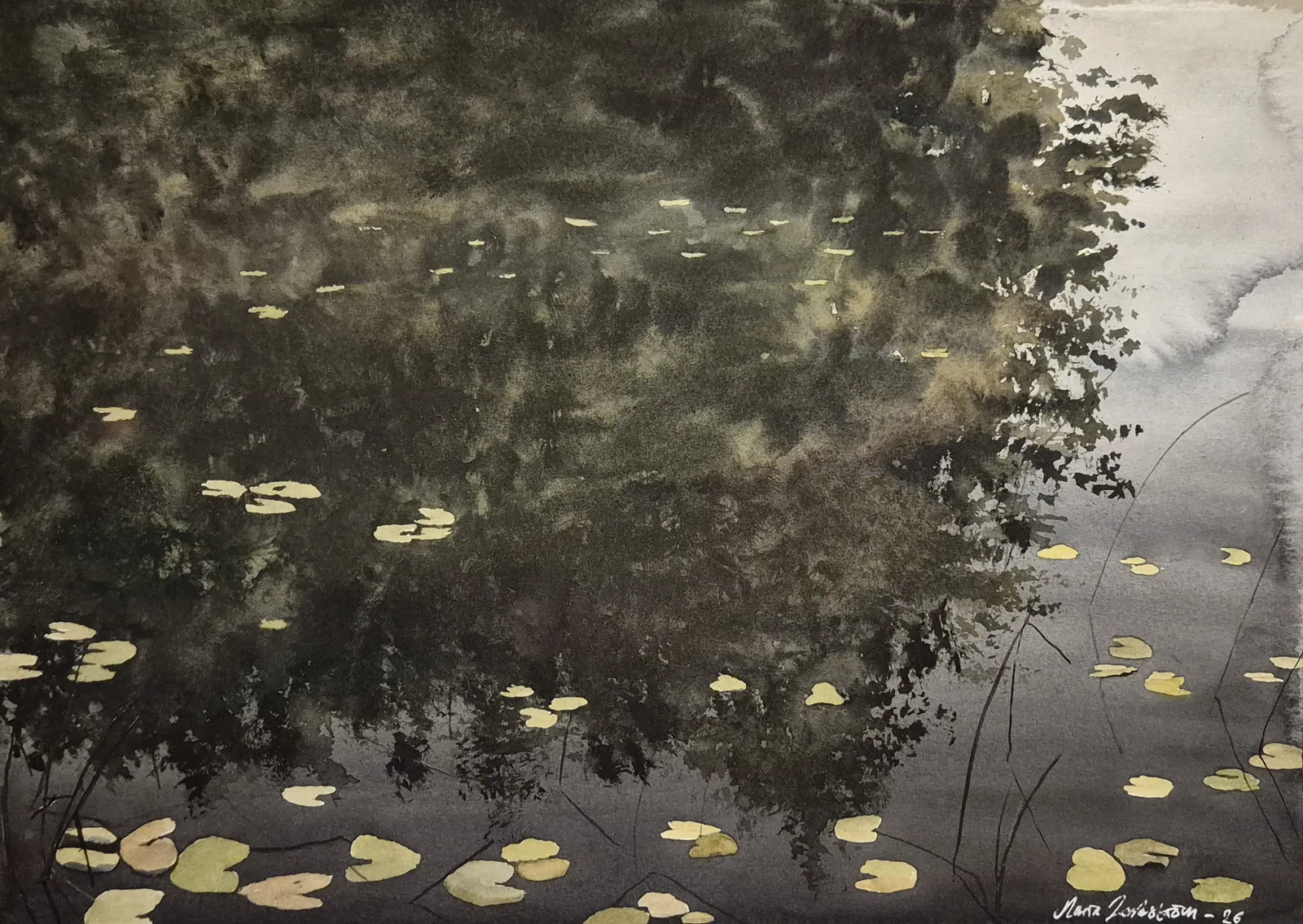 Akvarell Näckrosblad i tjärn av Maria Lindström