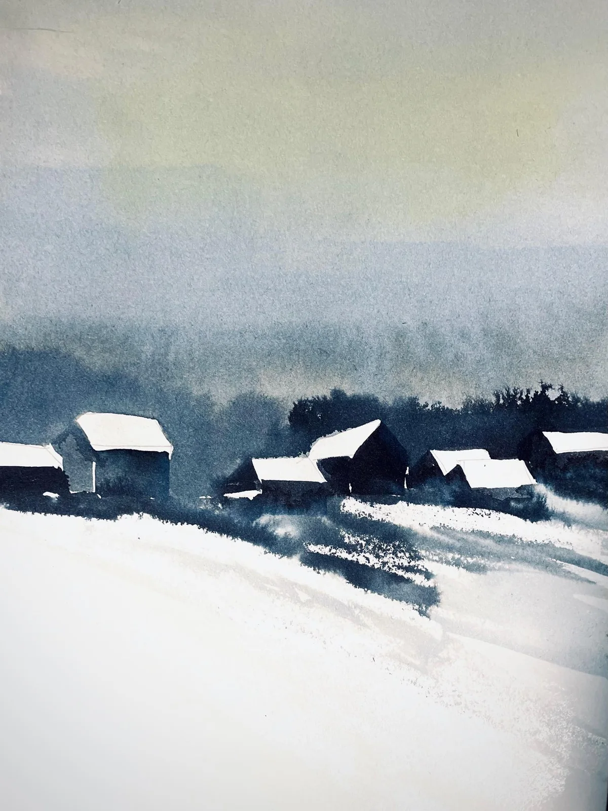 Akvarell Vinterens landsbygd av J Gita Hansen