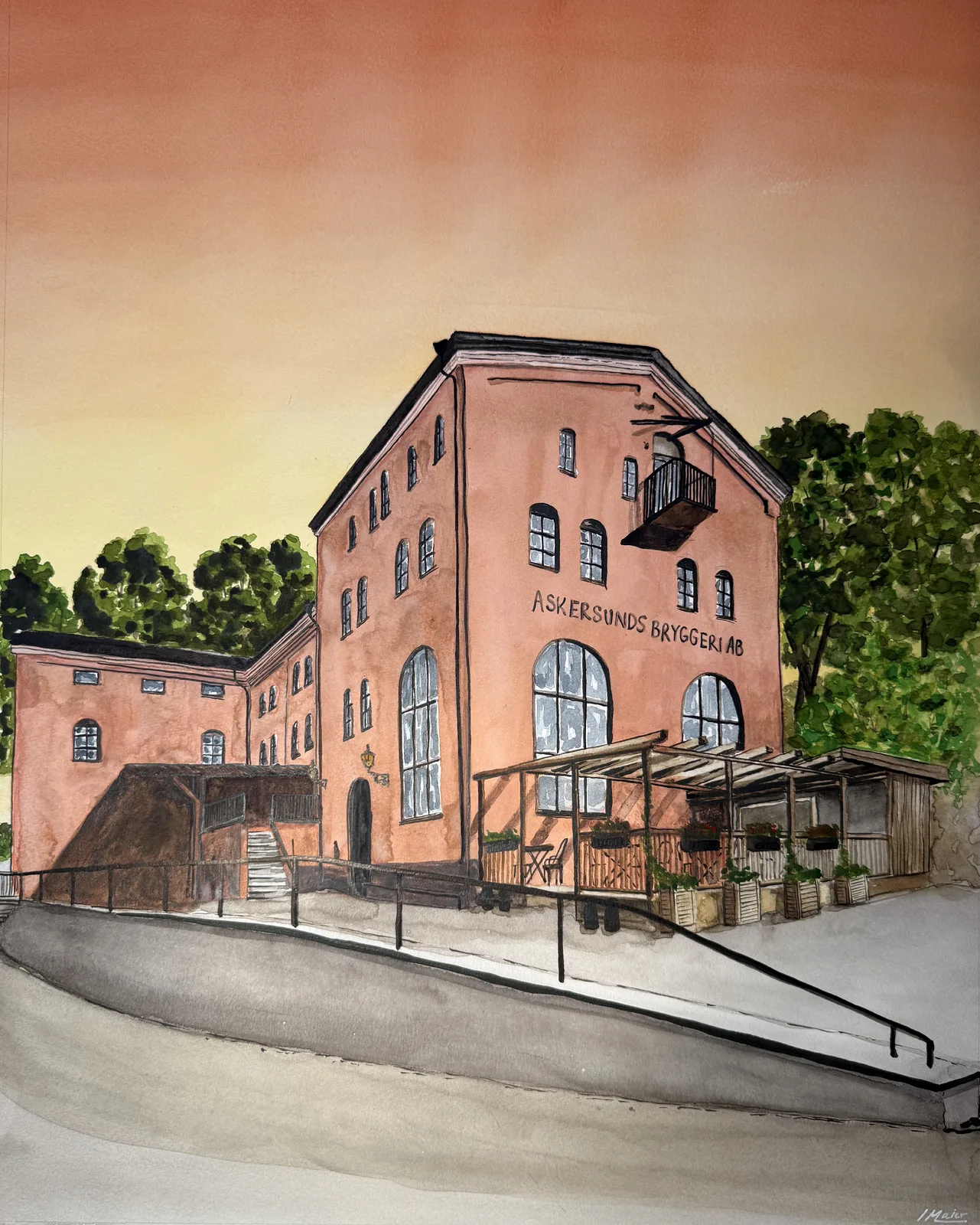 Akvarell Askersunds bryggeri av Ida Maier