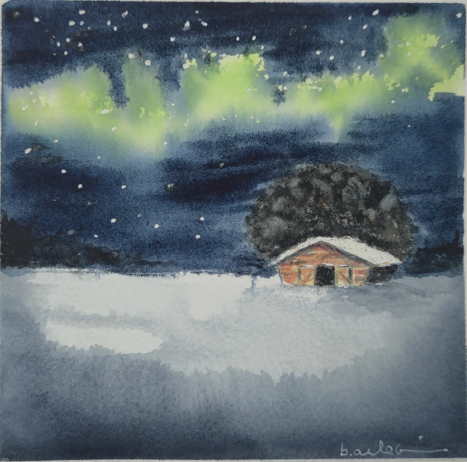 Akvarell Lada under norrsken 2 av Berit Arlebjörk