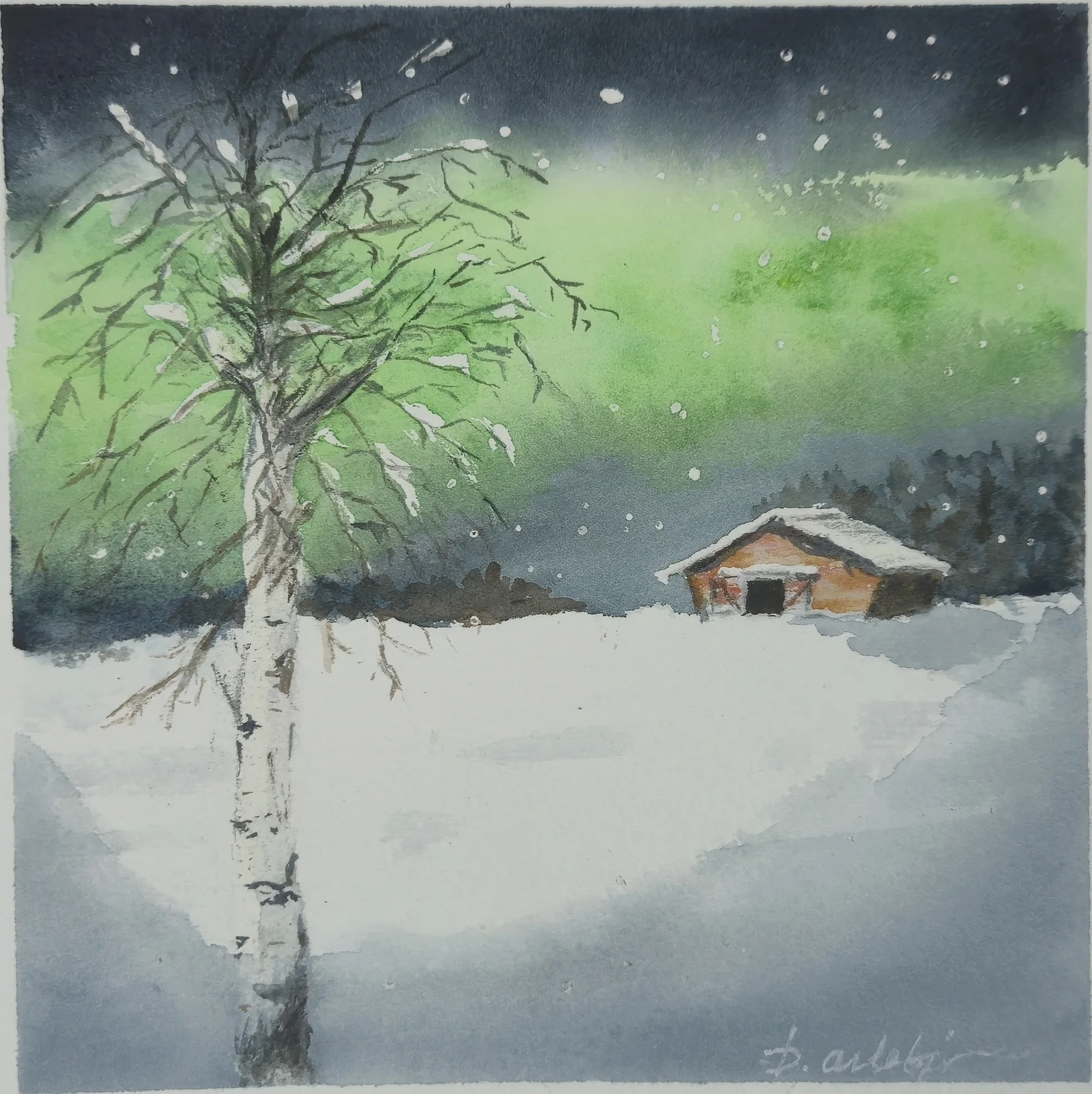 Akvarell Lada i norrsken 1 av Berit Arlebjörk