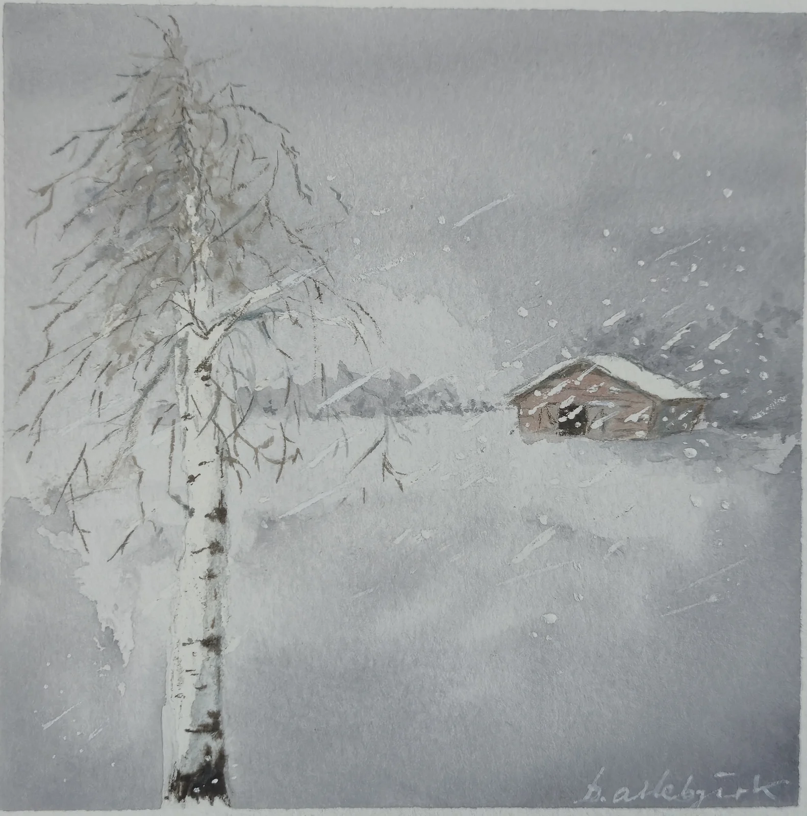 Akvarell Lada i snöstorm av Berit Arlebjörk