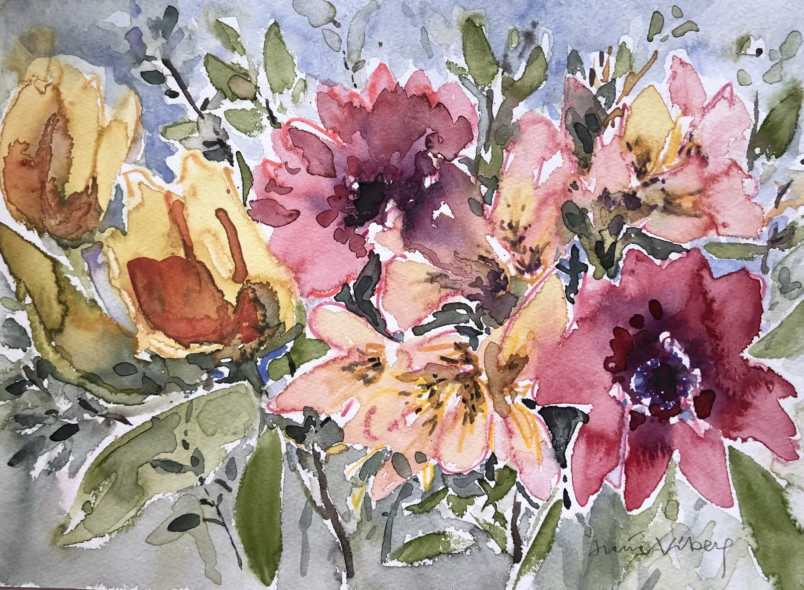 Akvarell Födelsedagsbukett av Iréne Viberg