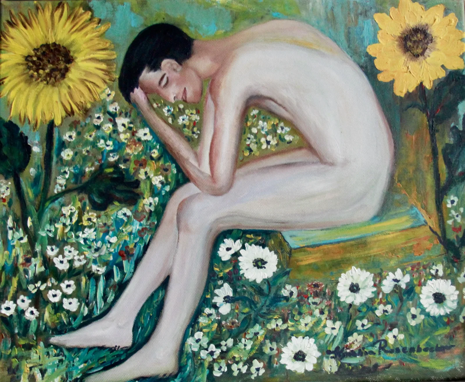 Oljemålning En man med sina tankar i trädården. av Kristina Rosenbecker