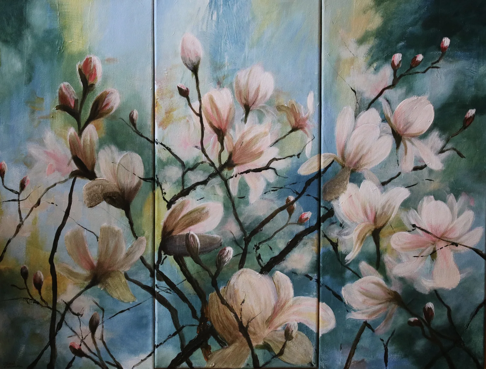 Akrylmålning Triptyk Magnolia av Jennie Larsdotter