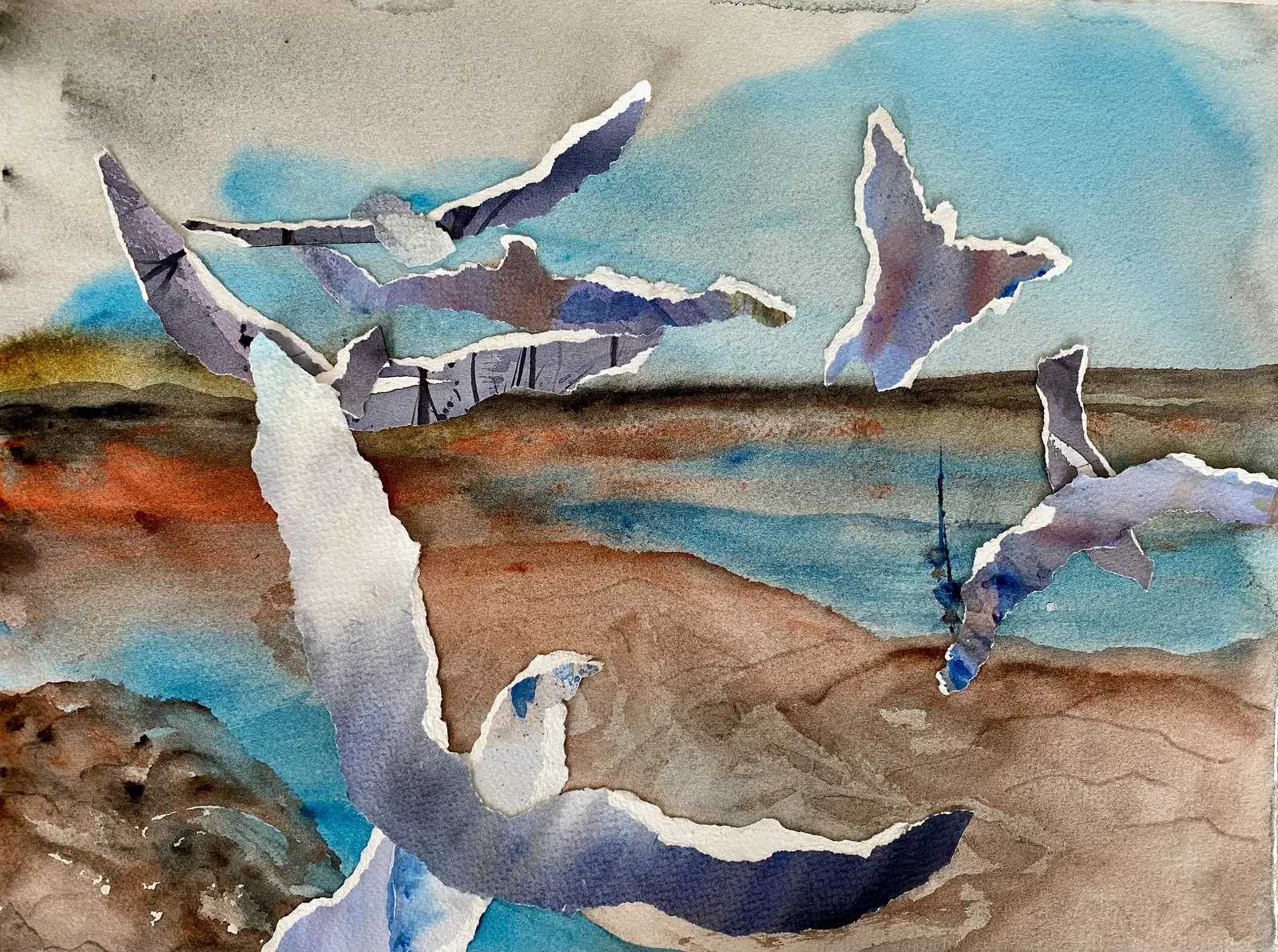 Akvarell Kollage med måsar av Margareta Mattsson