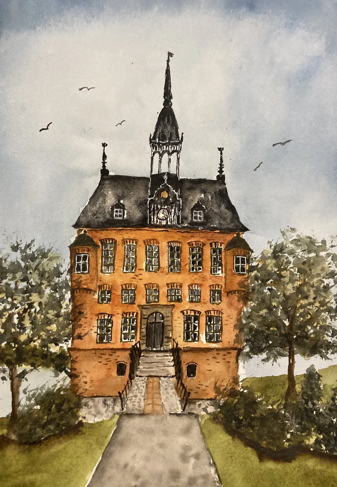 Akvarell WIKS SLOTT (inramad) av Rose-Marie Lyckebrant-Lindqvist