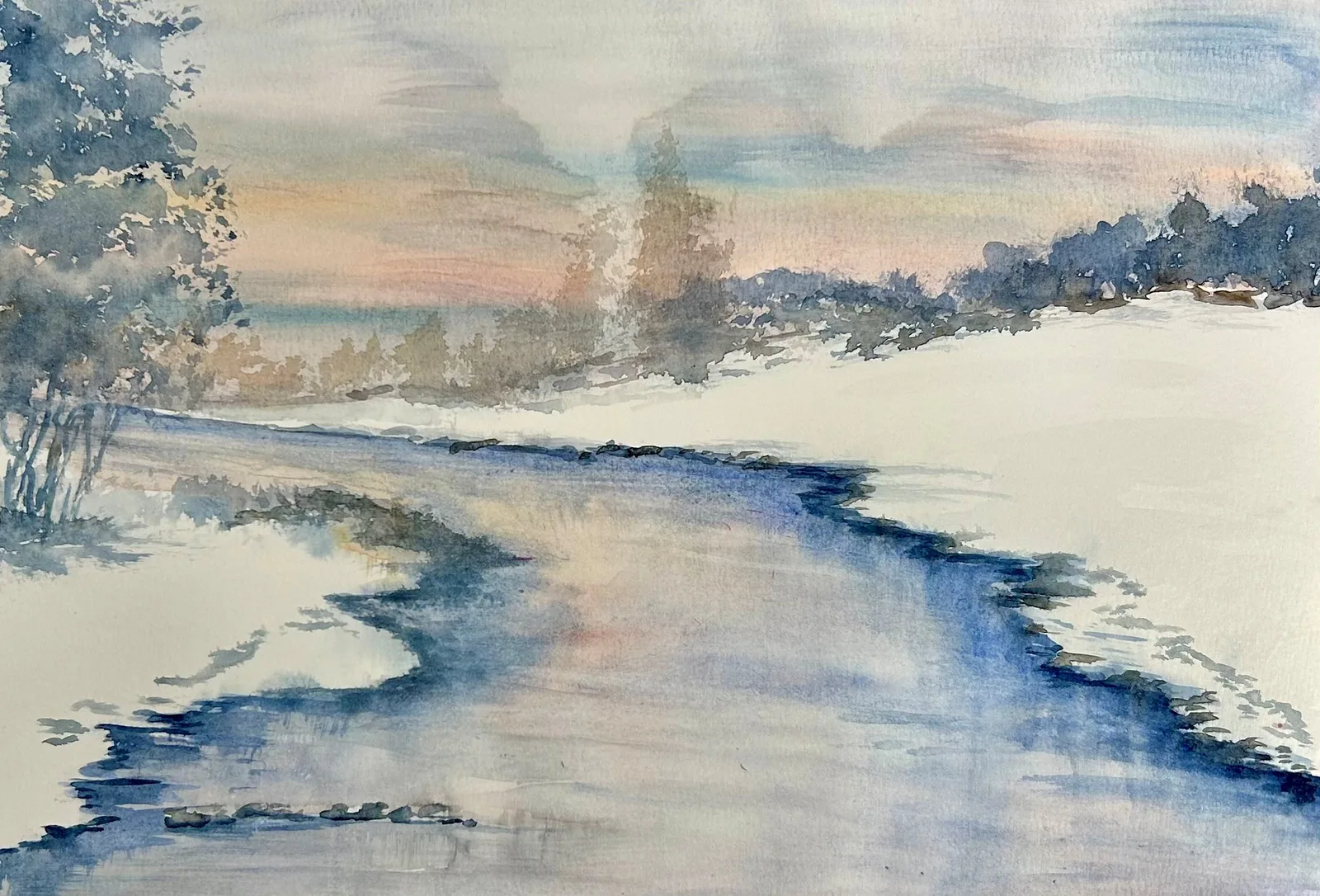 Akvarell Vinter vid ån av Inger Axbrink