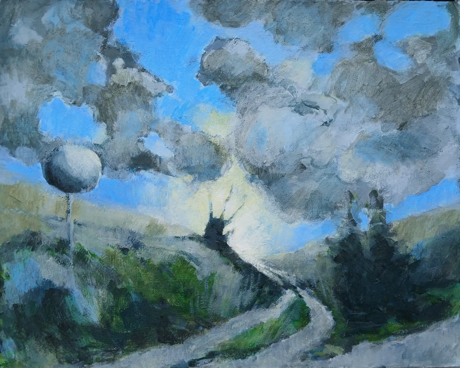 Akrylmålning Road, mirror, sunset av Rebecca Landmér