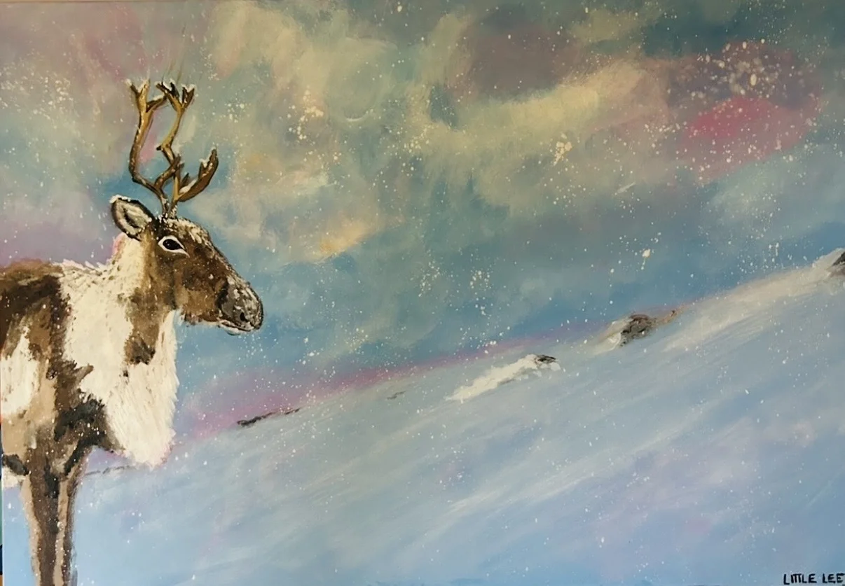 Akrylmålning Ren i vinterljus av Little Lee