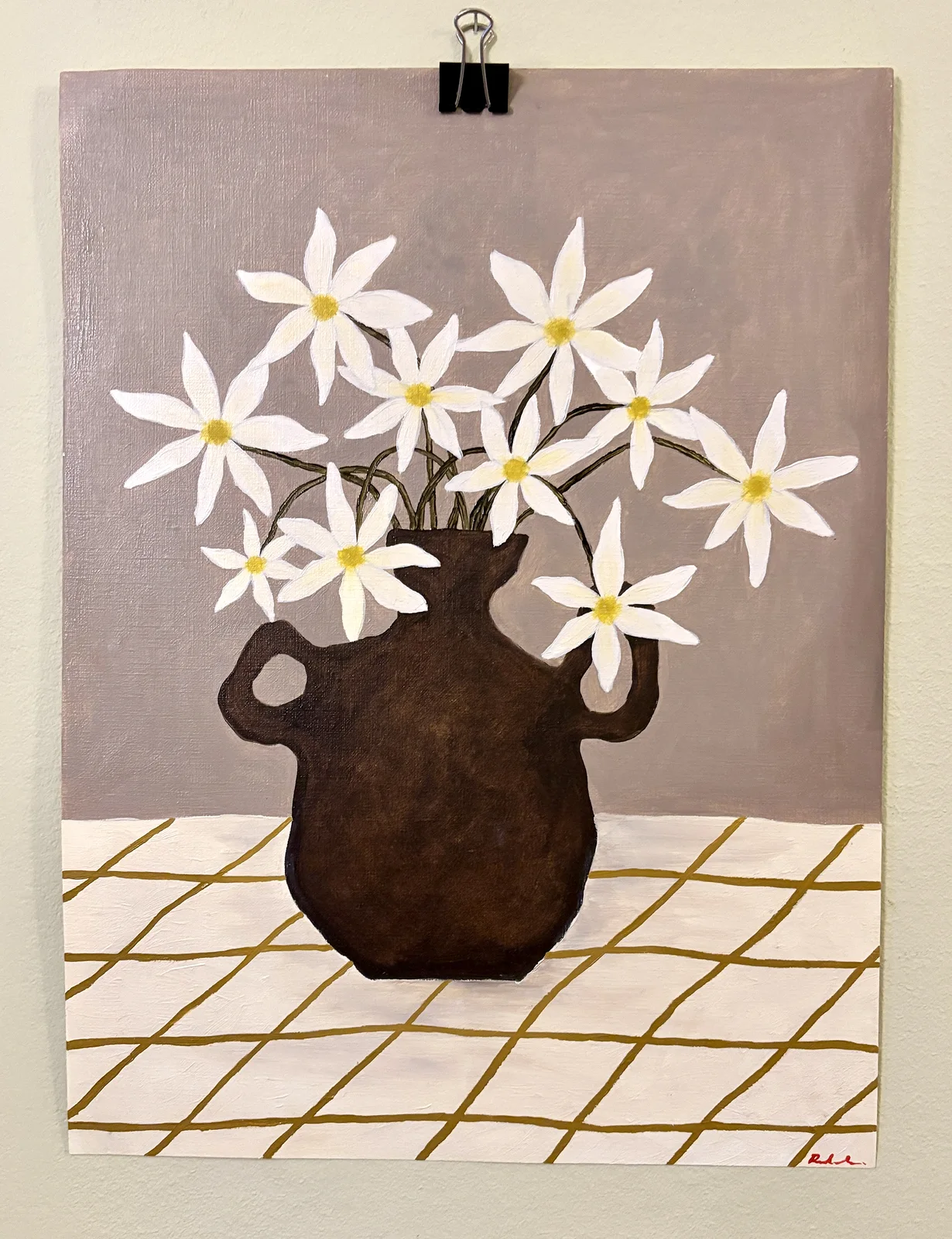Oljemålning Vita blomster på rutig duk av Rebecka Hansson