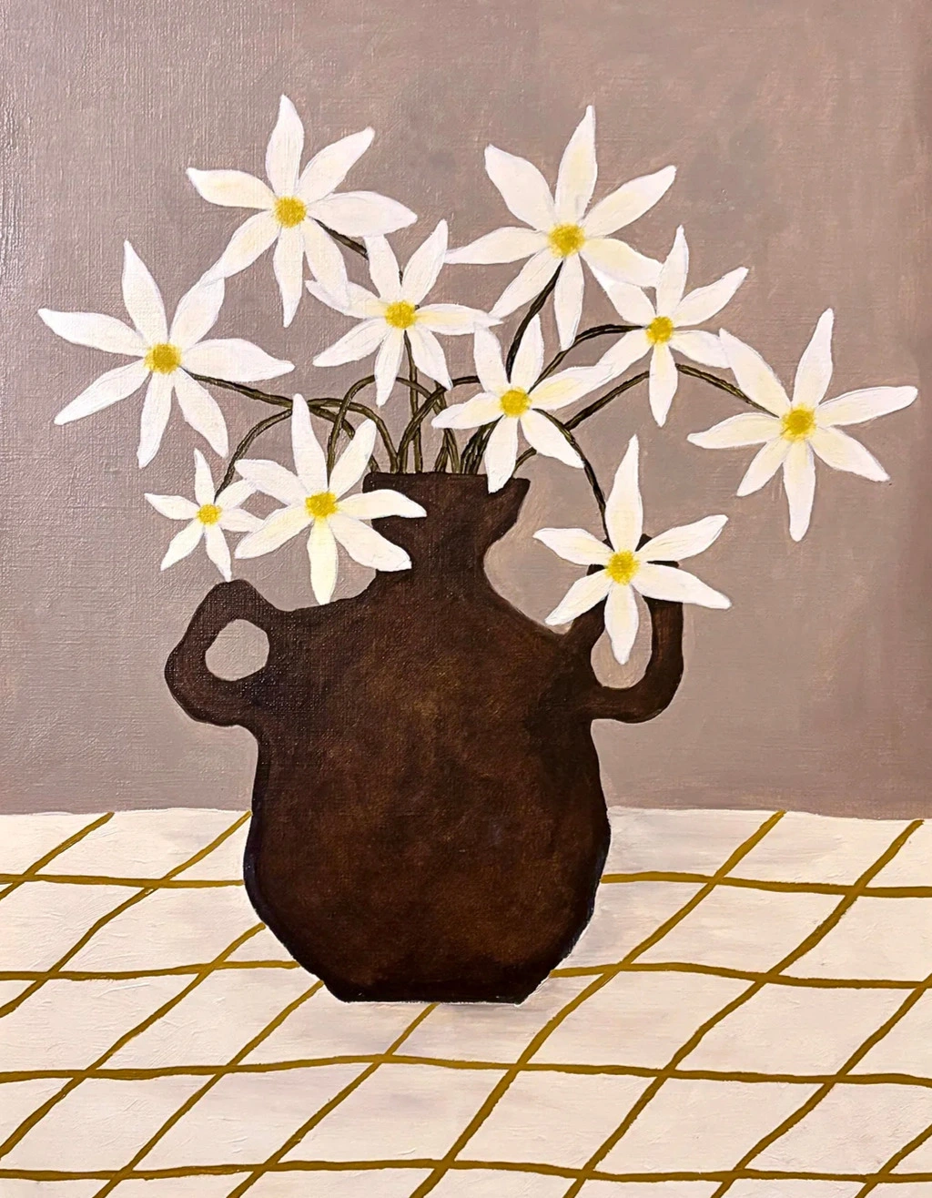 Oljemålning Vita blomster på rutig duk av Rebecka Hansson