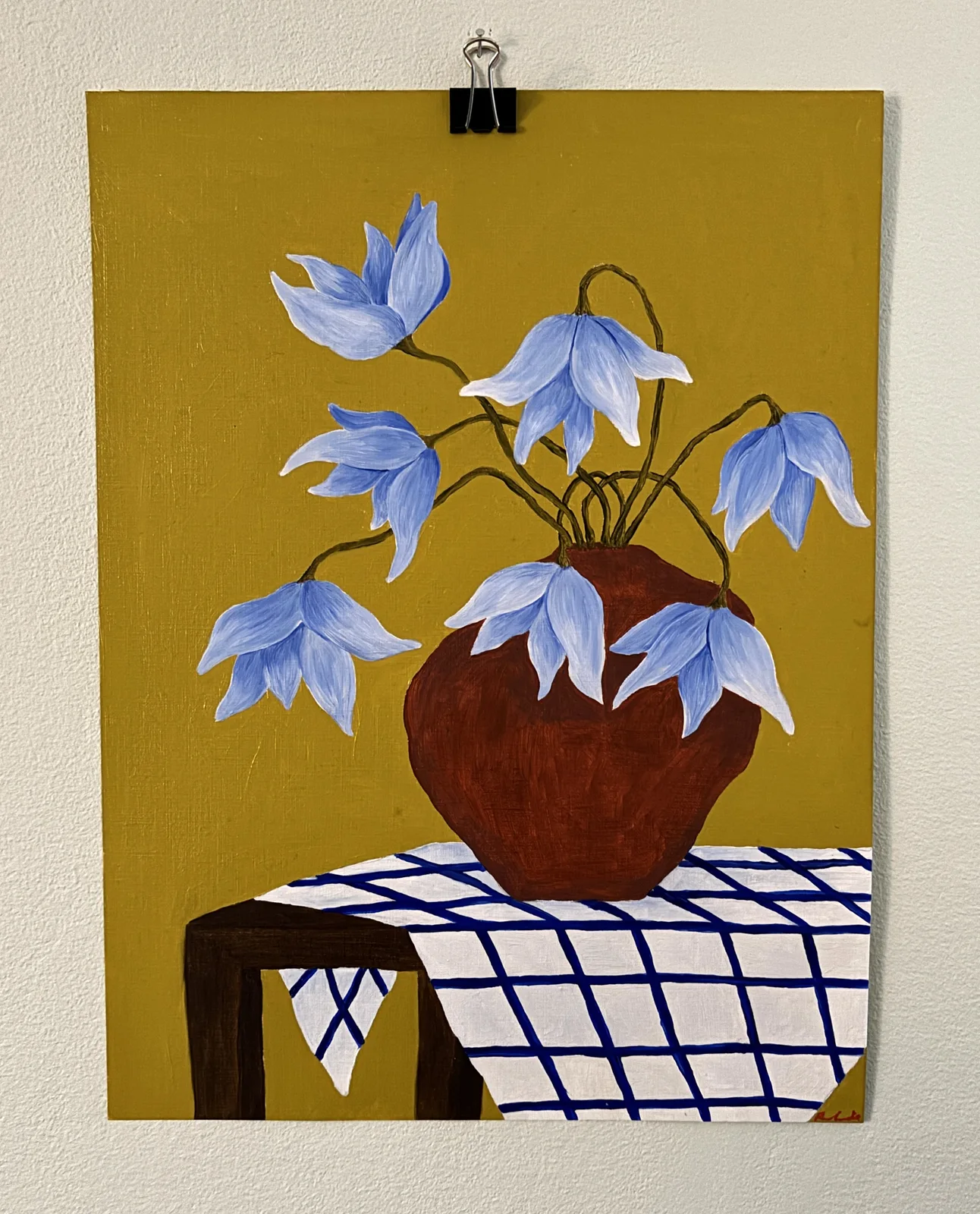 Oljemålning Blå blomster i terrakotta vas av Rebecka Hansson