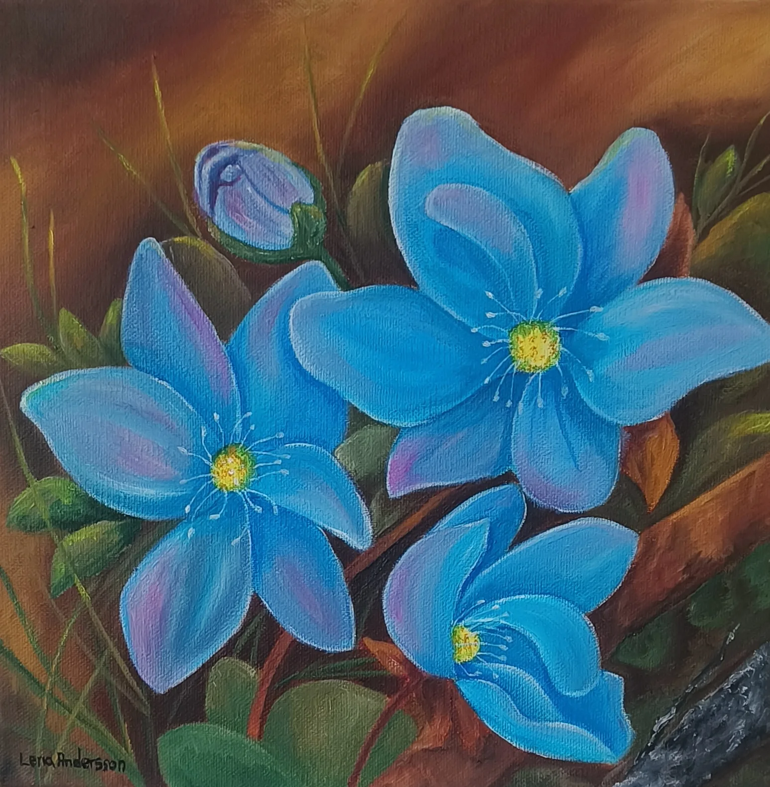Oljemålning Blåsippor av Lena Andersson