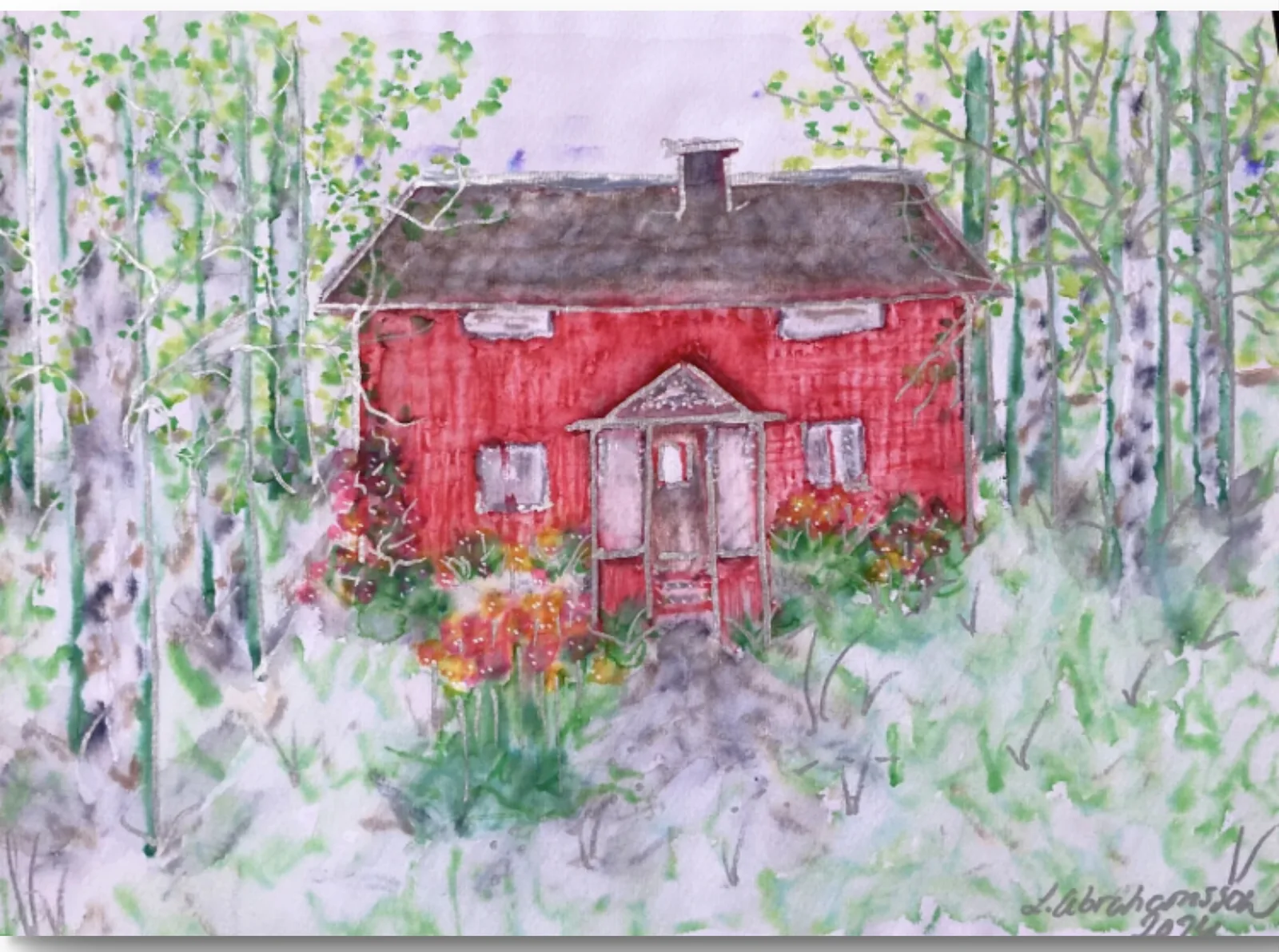 Akvarell Liten röd stuga av Linda Abrahamsson La Arts Sweden