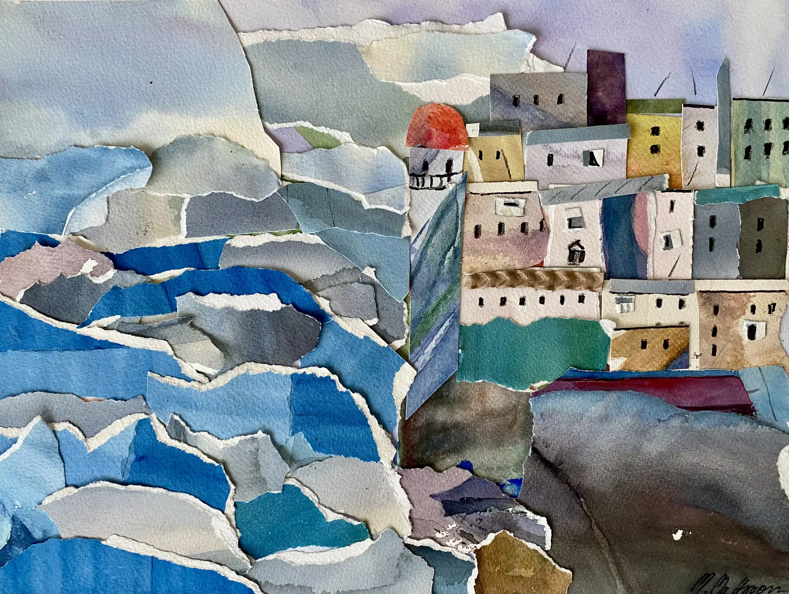 Akvarell En stad vid havet av Margareta Mattsson