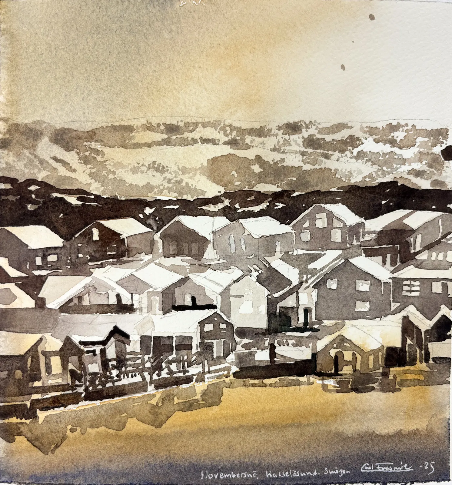 Akvarell Novembersnö, Hasselösund av Carl Erasmie