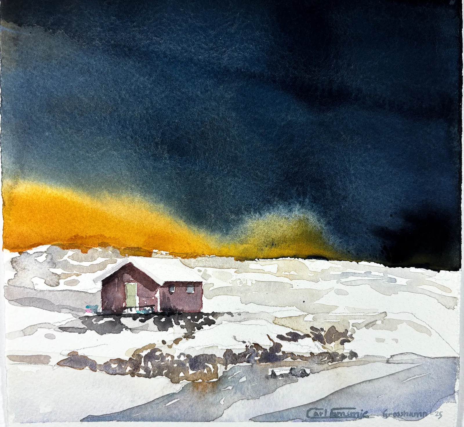 Akvarell Vinterhimmel över Grosshamn av Carl Erasmie
