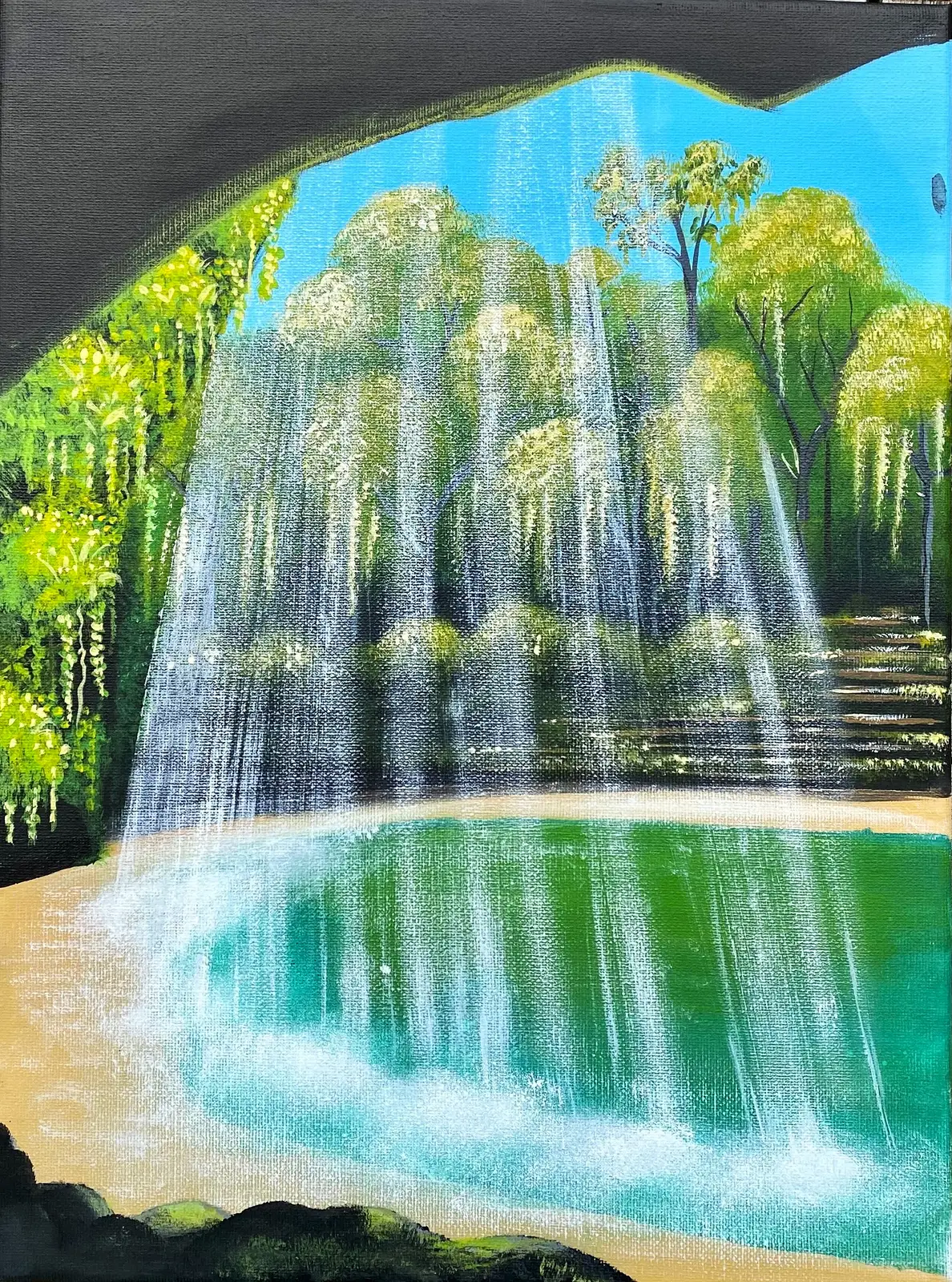 Akrylmålning WaterFall Cave av Kaoutar EL Karfi