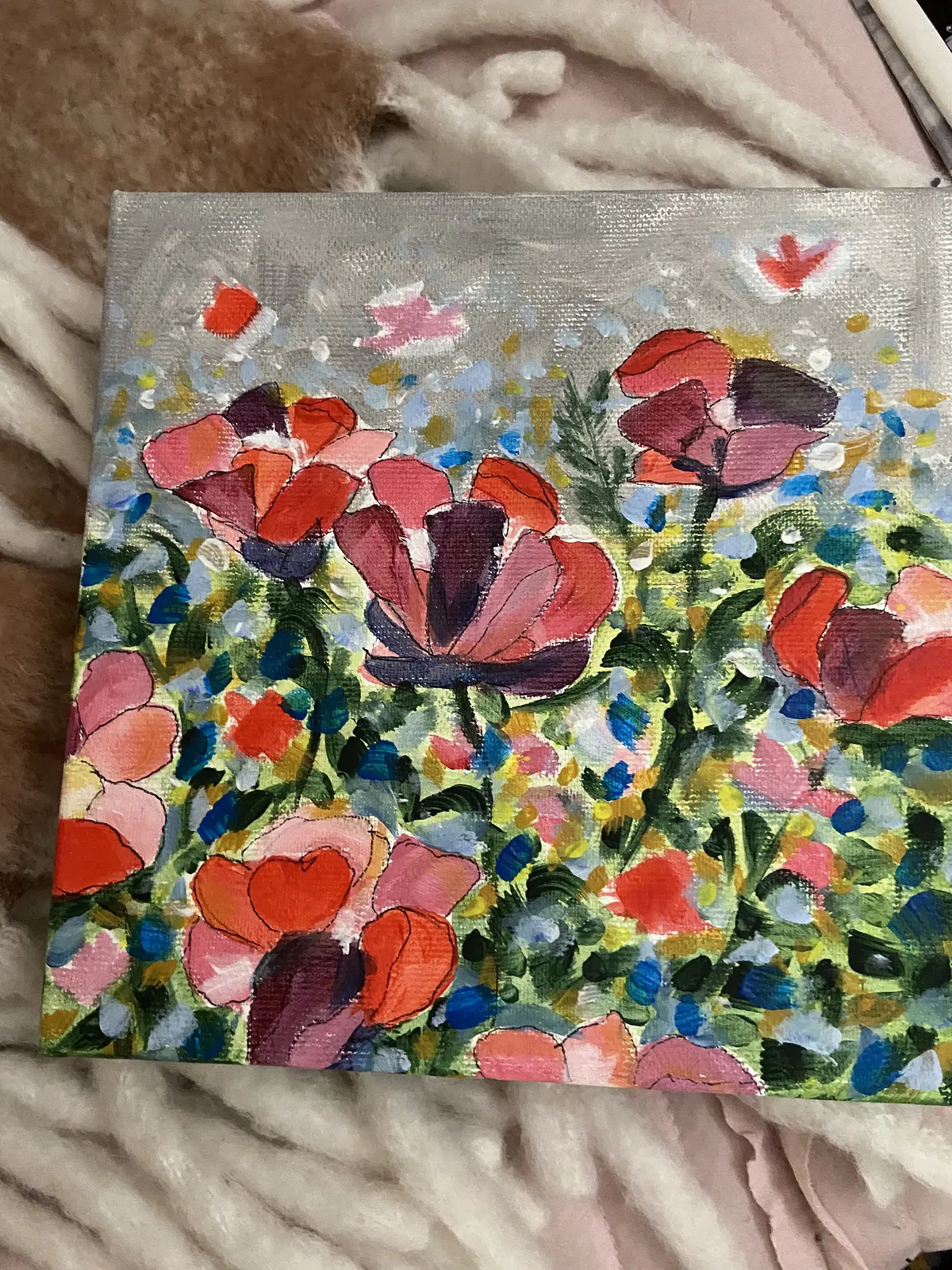 Akrylmålning Triss i blommor 1 av Jeanette Wadelius