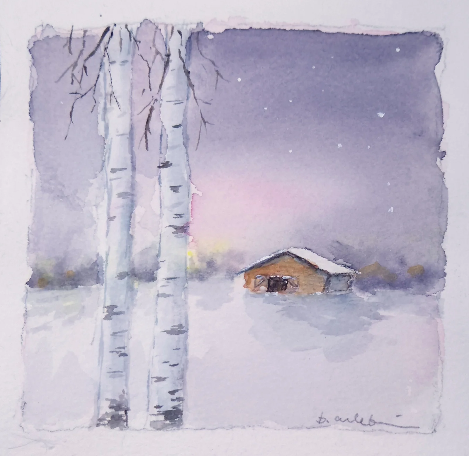Akvarell Rosa vinter av Berit Arlebjörk