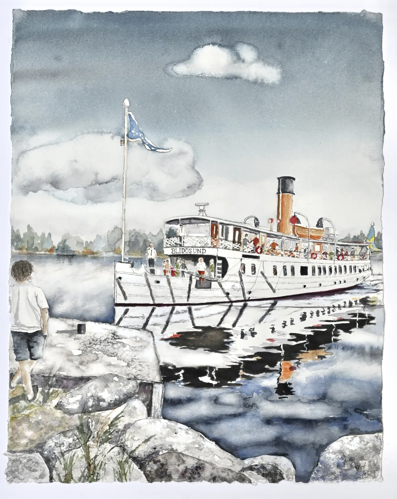 Akvarell Slussning, Blidösund av Cécile Hansson