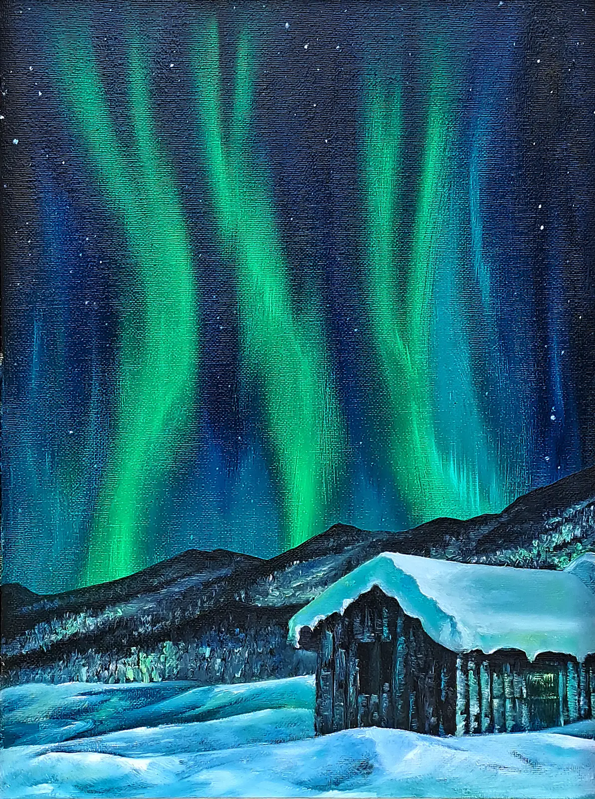 Oljemålning Nordens Light and little house av Marika Soldati