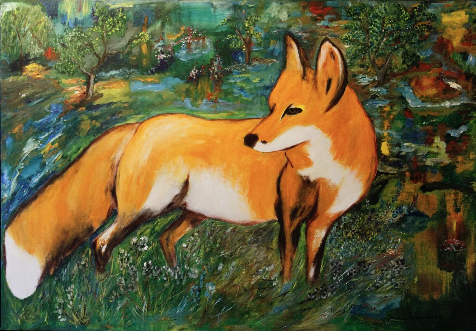 Oljemålning Skogens tysta räv.                    The silent fox of the forest av Kristina Rosenbecker