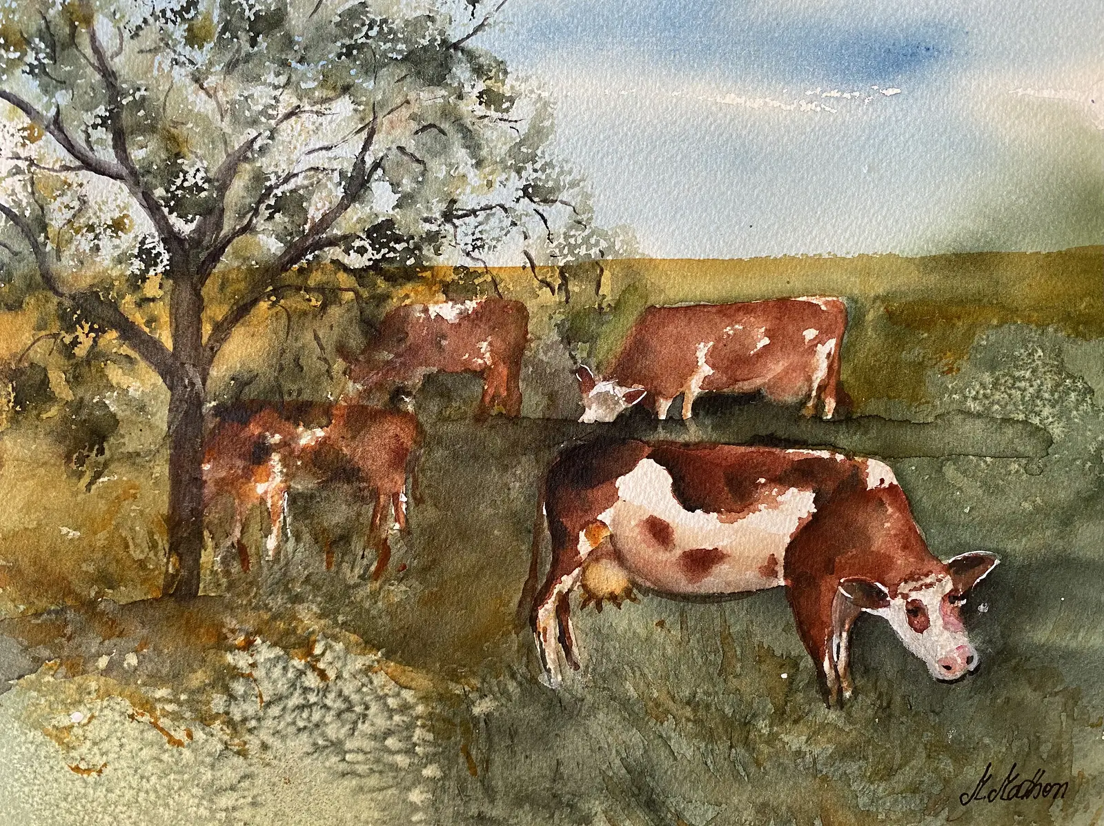 Akvarell Kor i skugga av Margareta Mattsson