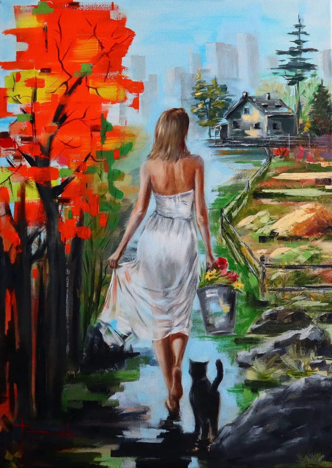 Oljemålning Ett litet hus i utkanten av staden av Igor Fominykh