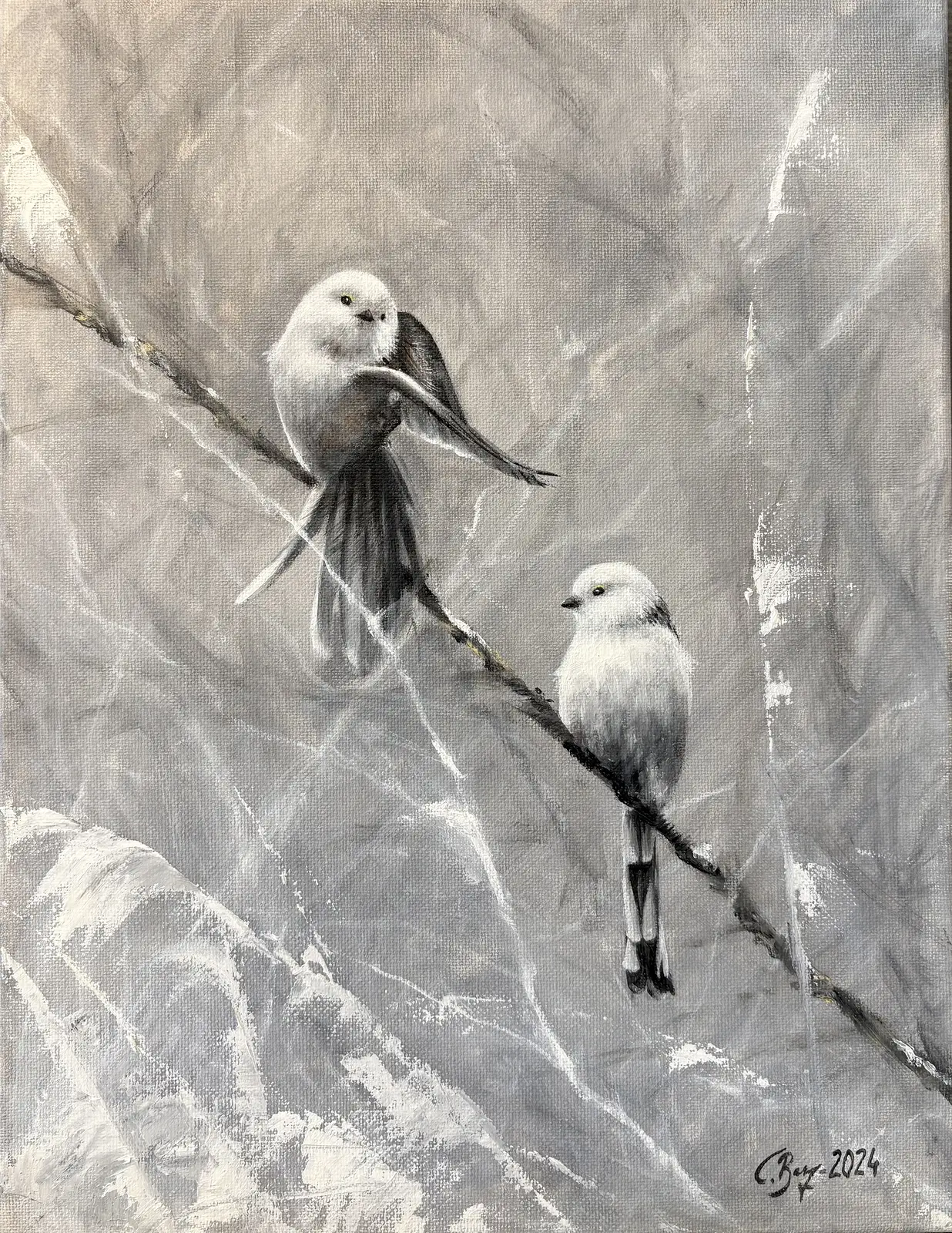 Oljemålning Stjärtmesar av Caroline Berg