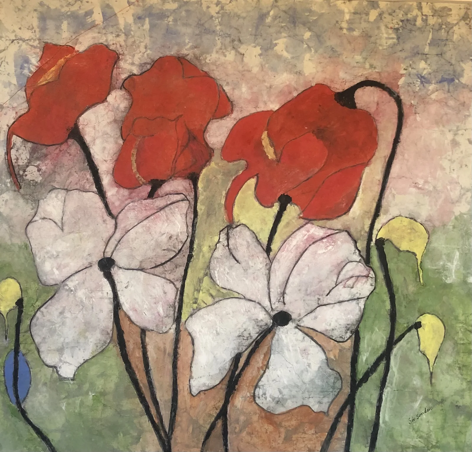 Röd vit Vallmo /gula knoppar, inkl. passepartout av Siv Sundell