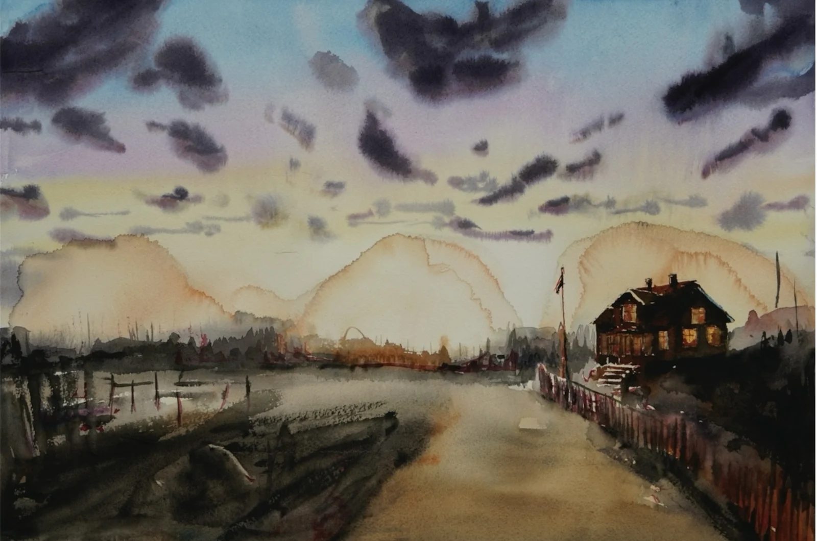 Akvarell Solnedgång i Småland av Martin Hartmann