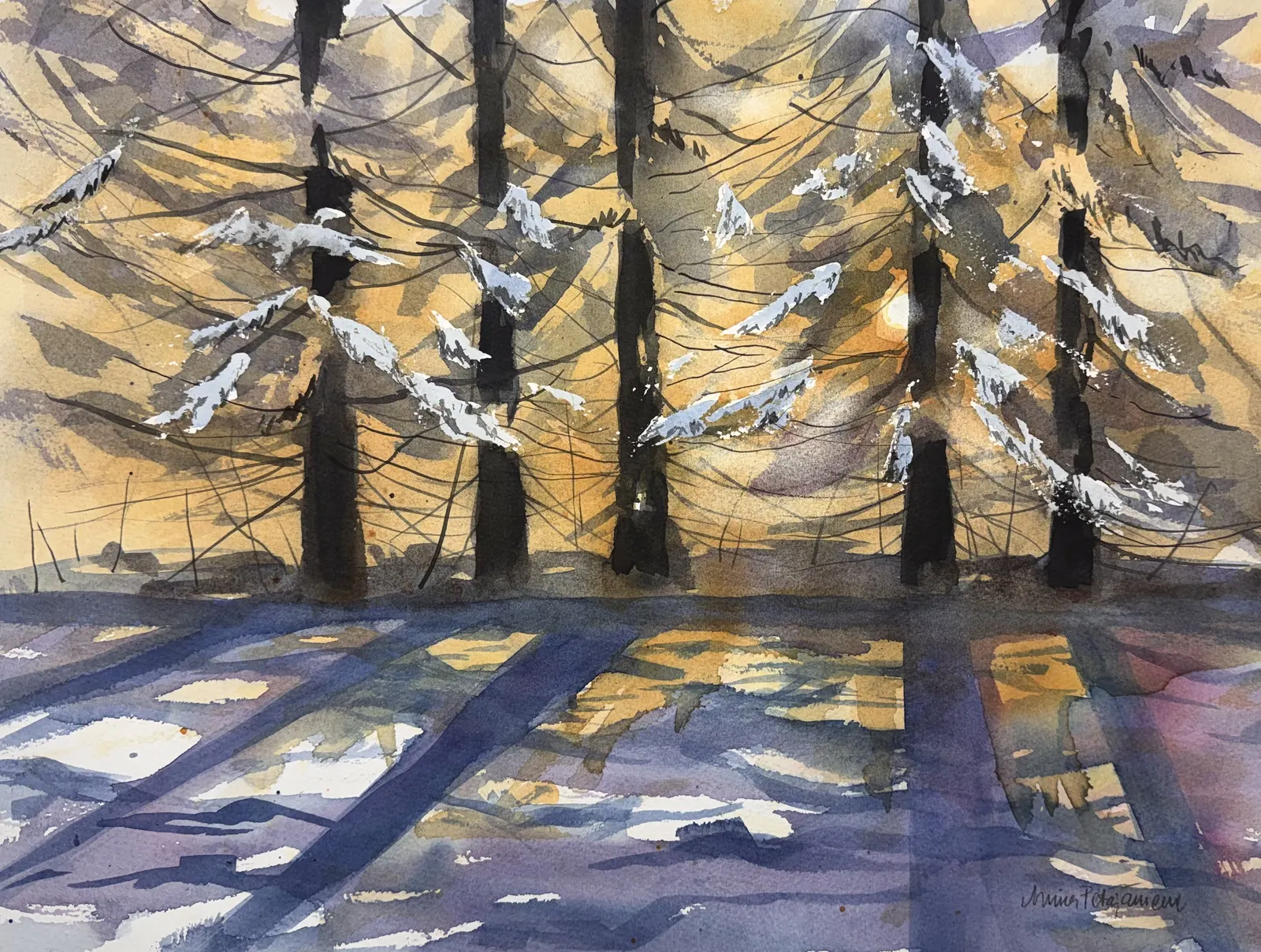 Akvarell Granarna i morgonsol av Minna Petäjäniemi