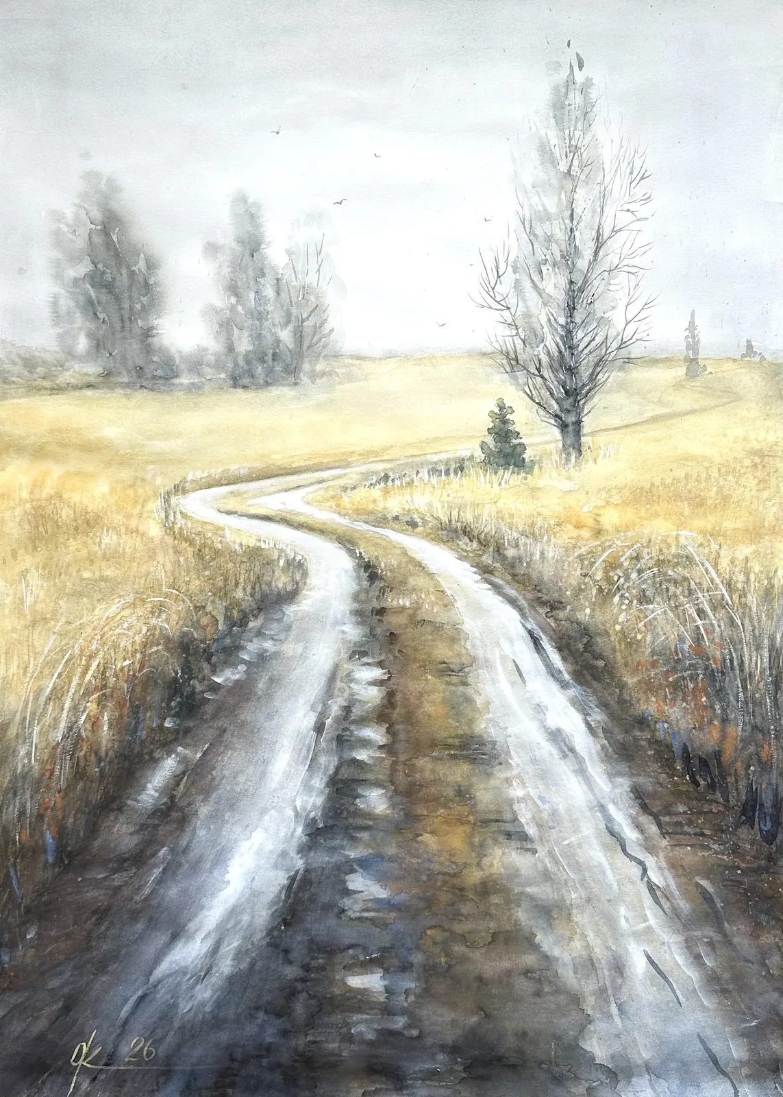 Akvarell En landsväg bland fält av Olga Kharyakova