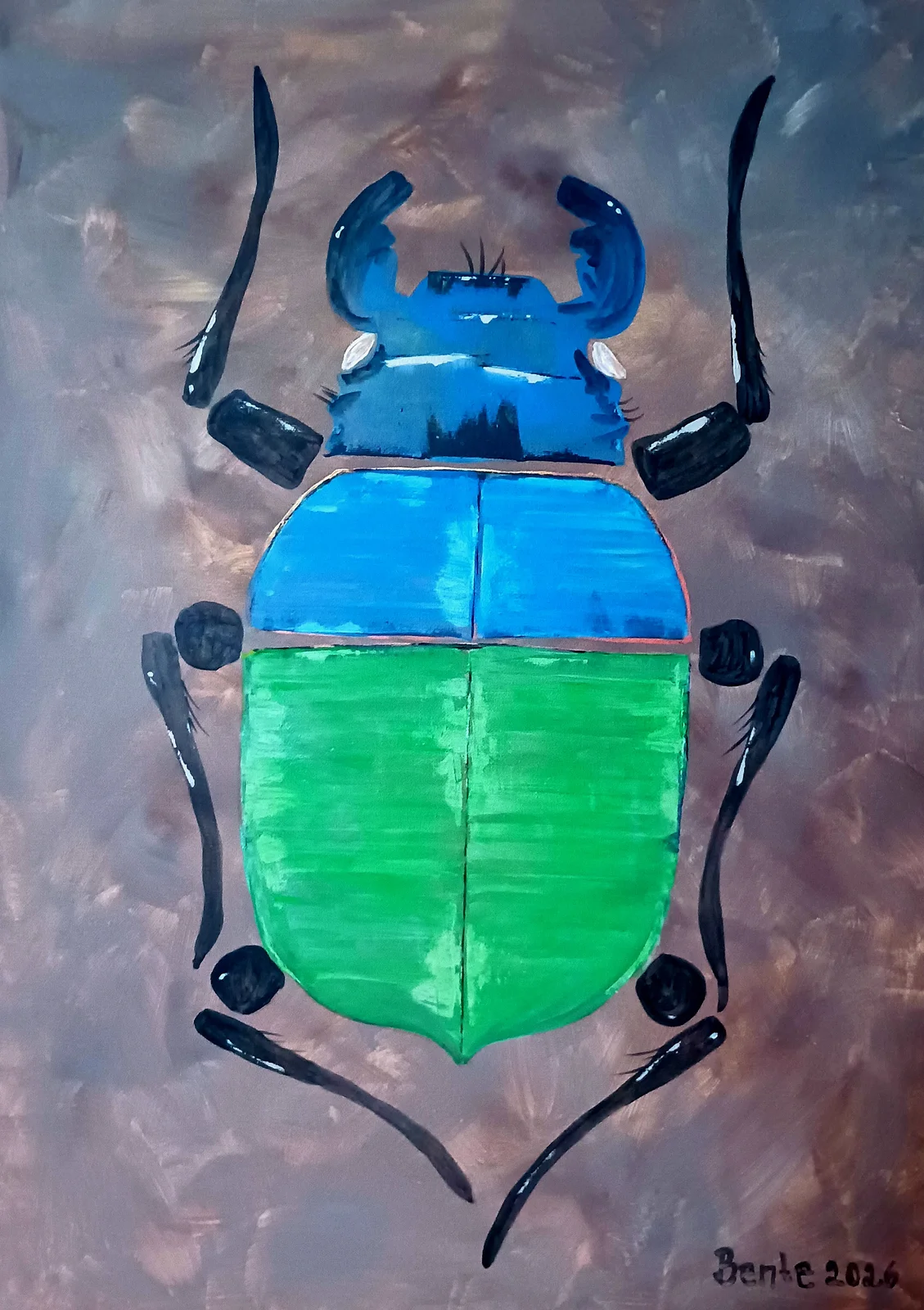 Akrylmålning Grönblå skalbagge av Bente Mellquist Danielson