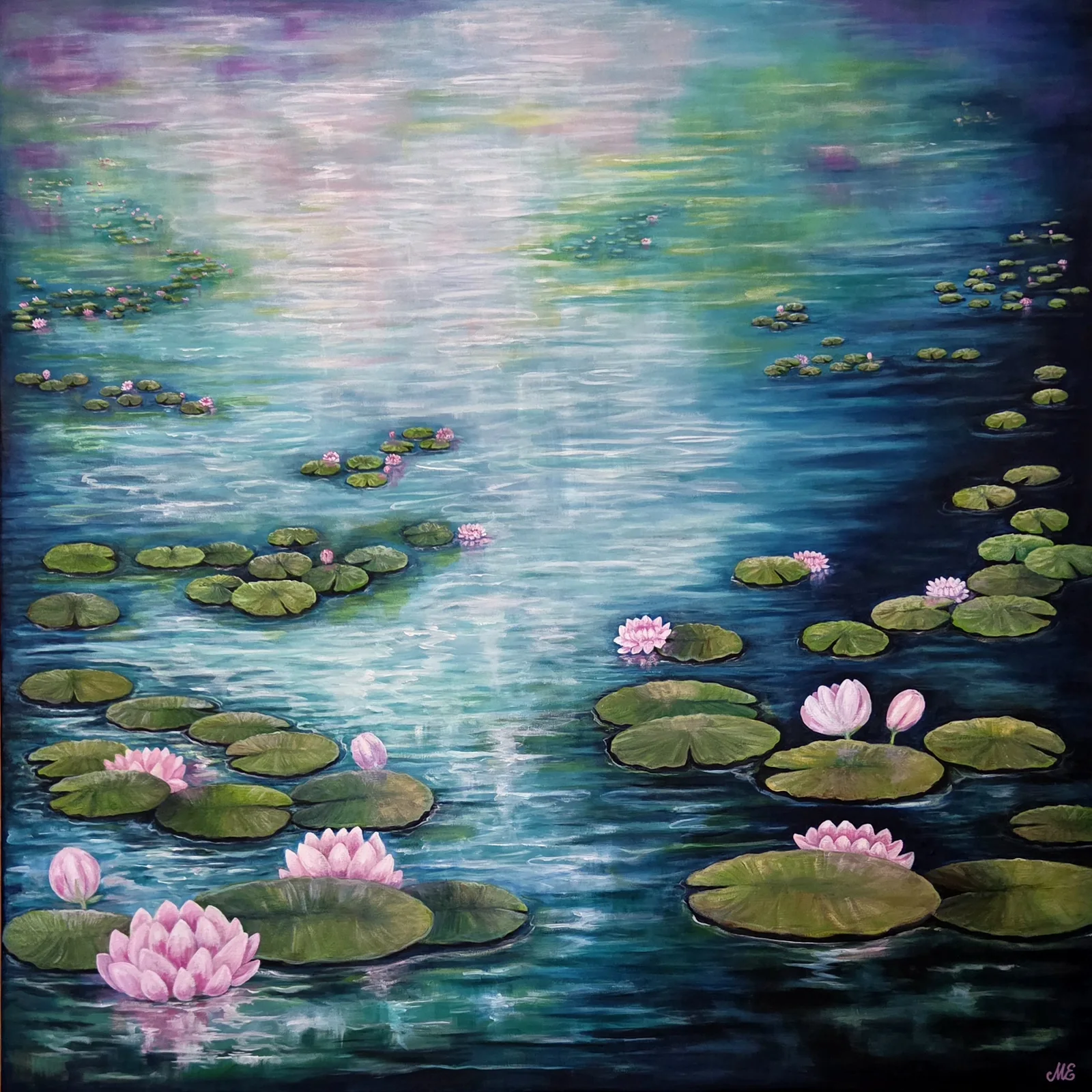 Akrylmålning Water lilies pond av Malin Eklund